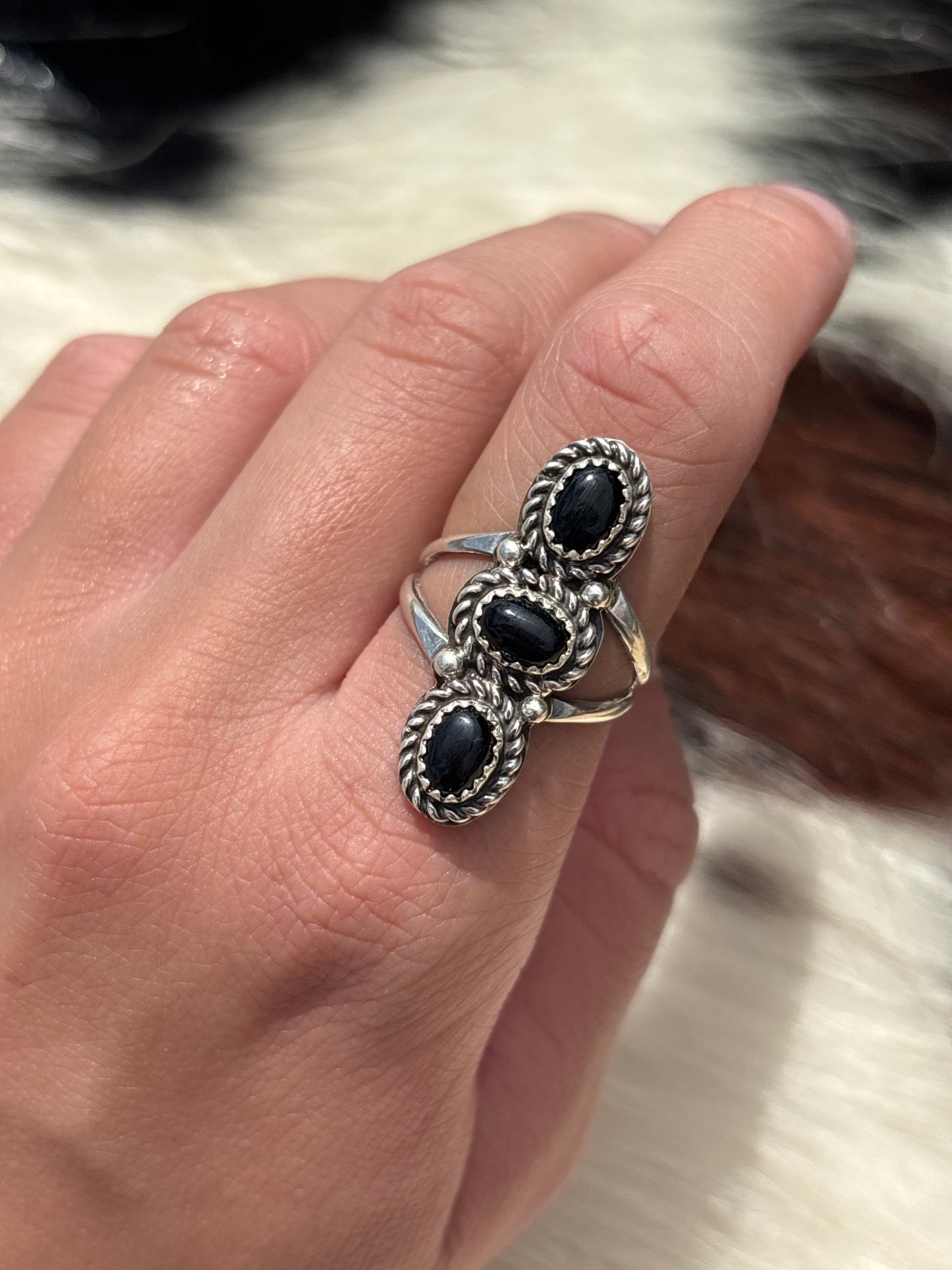 Native American, Hand-Made, Black Onyx & Sterling Silver Ring