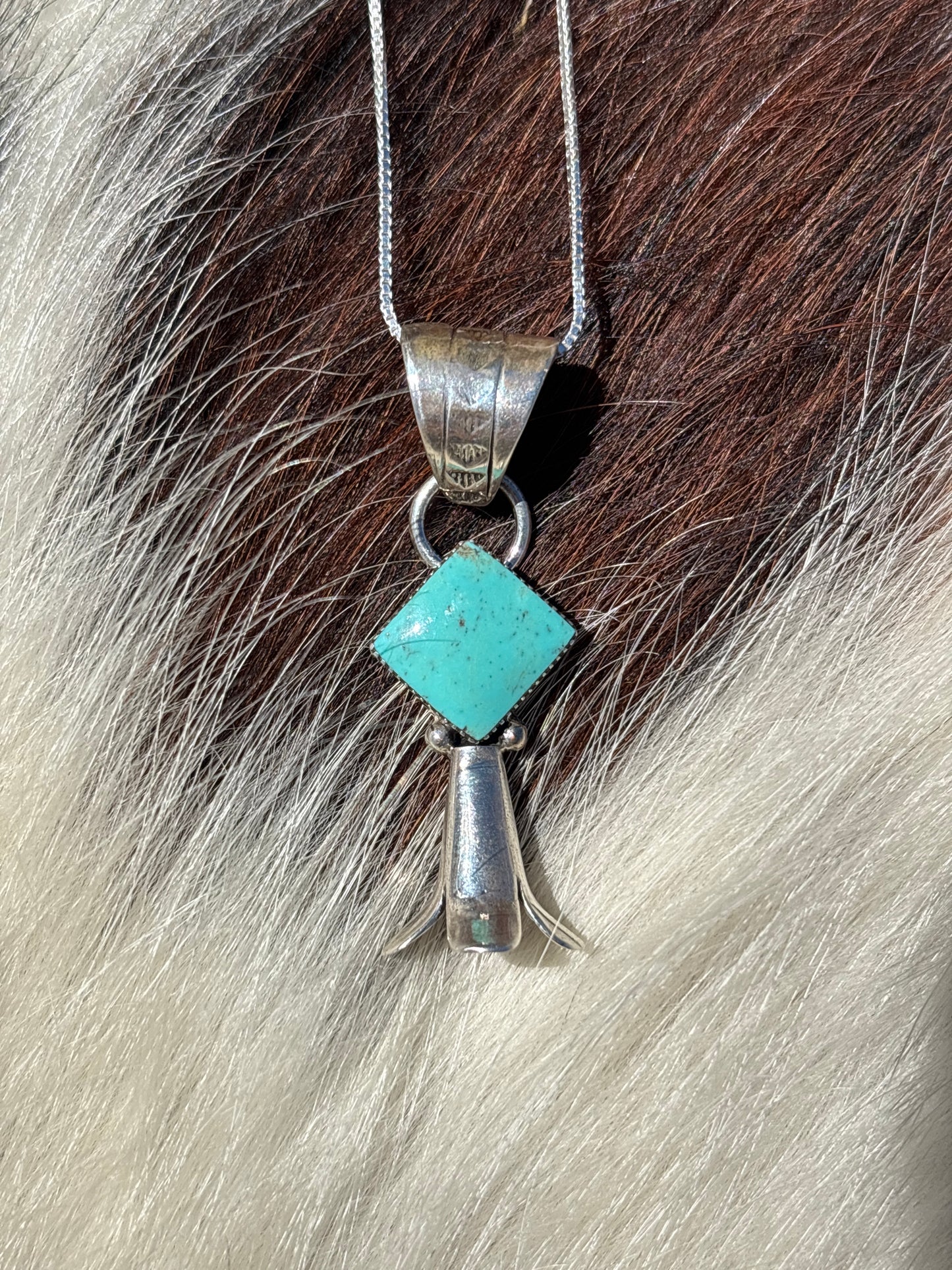 Native American, Hand-Made, Turquoise & Sterling Silver Squash Blossom Flower Necklace