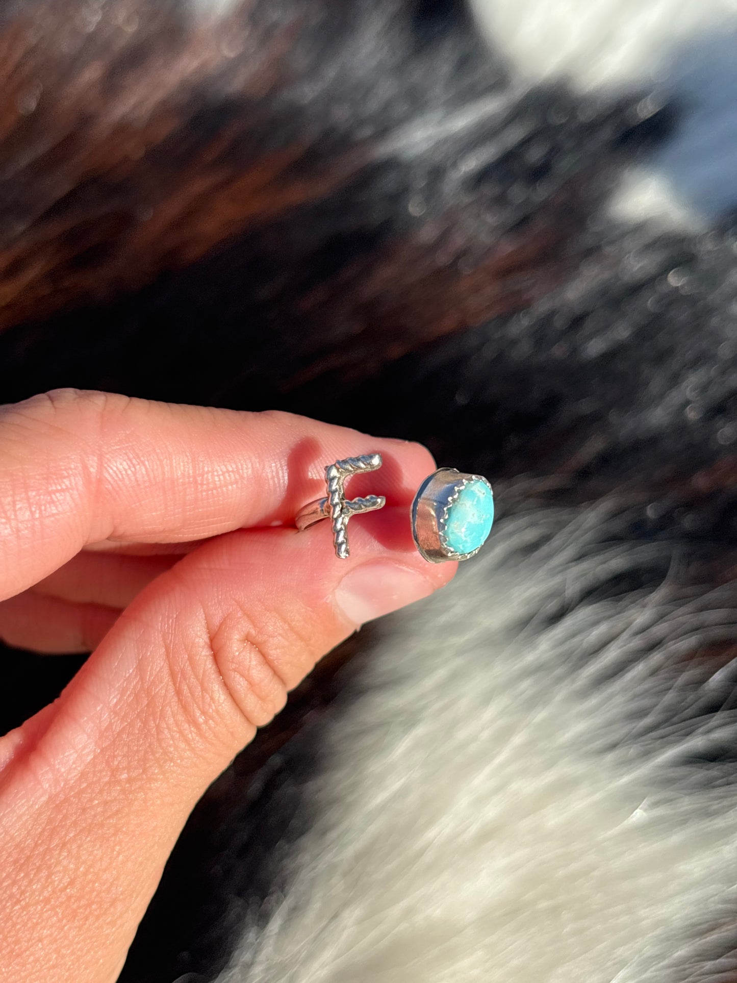 Native American, Hand-Made, Turquoise & Sterling Silver Adjustable Initial Ring