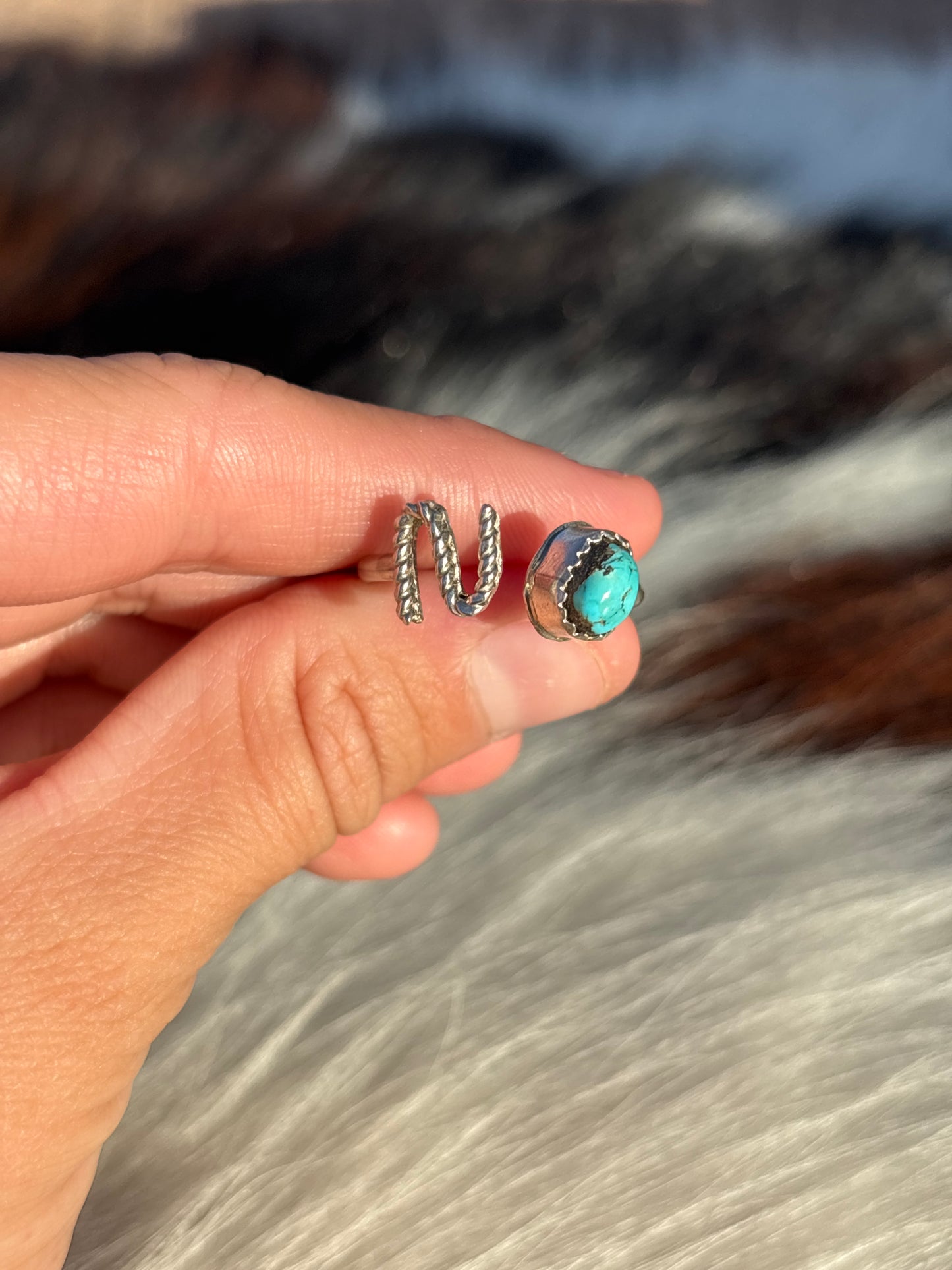 Native American, Hand-Made, Turquoise & Sterling Silver Adjustable Initial Ring