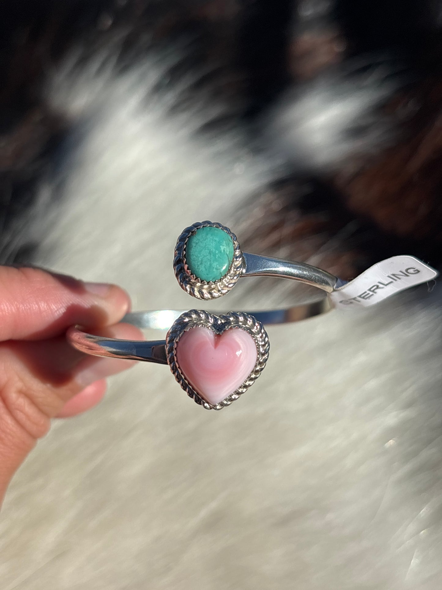 Native American, Handmade, Turquoise, Pink Conch & Sterling Silver Adjustable Cuff