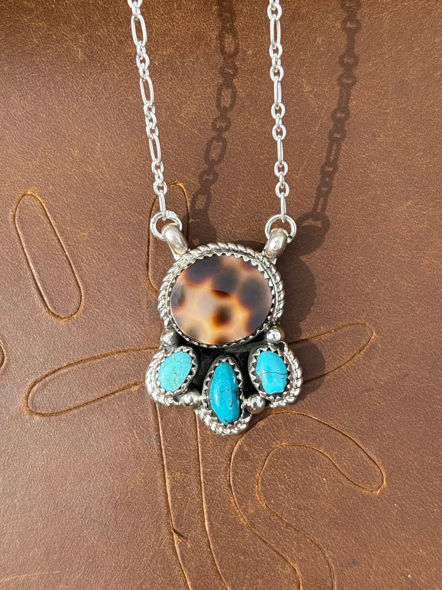 Native American, Hand-Made, Cowrie, Turquoise & Sterling Silver Necklace