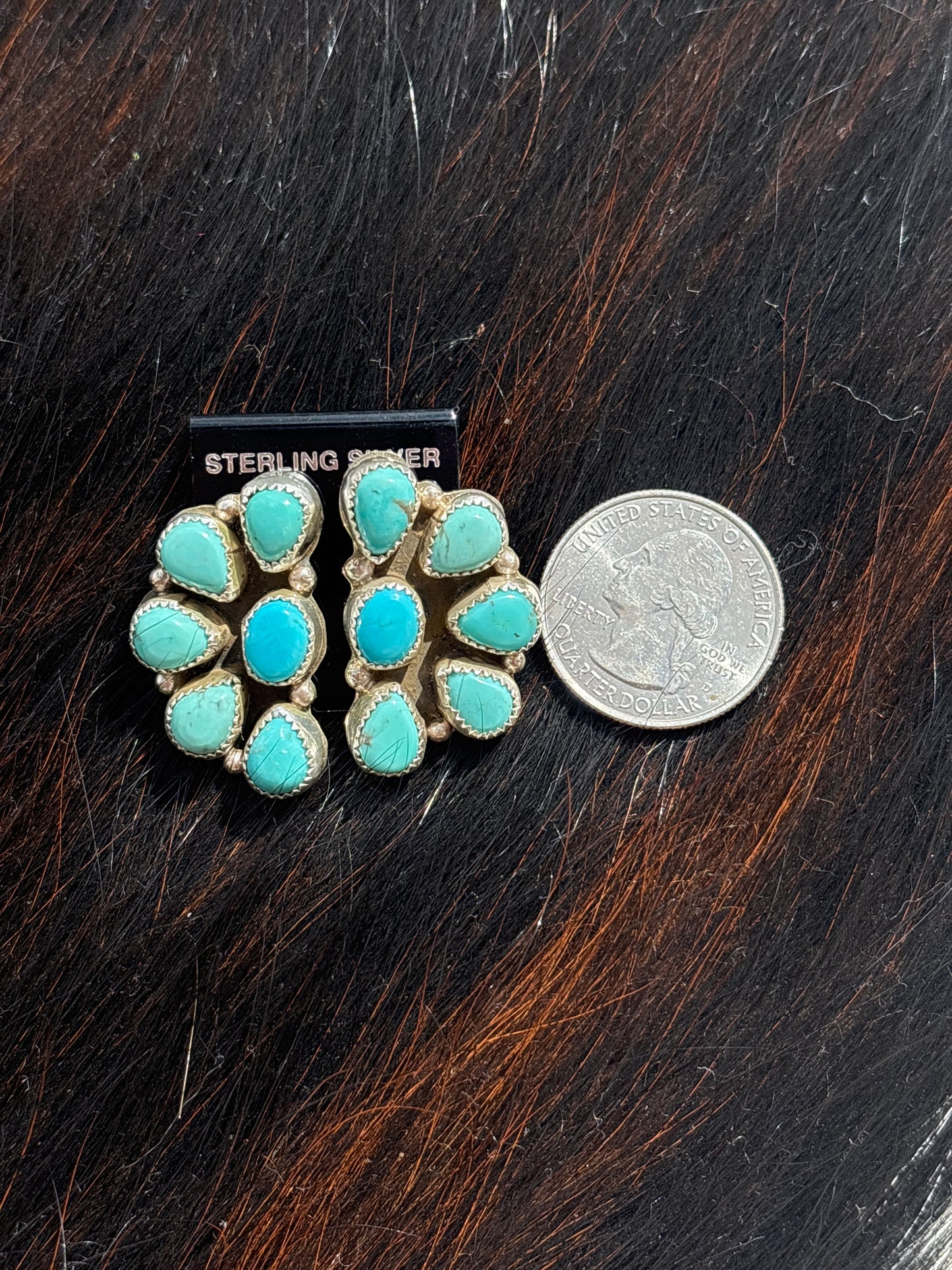 Native Made, Turquoise & Sterling Silver Cluster Earrings