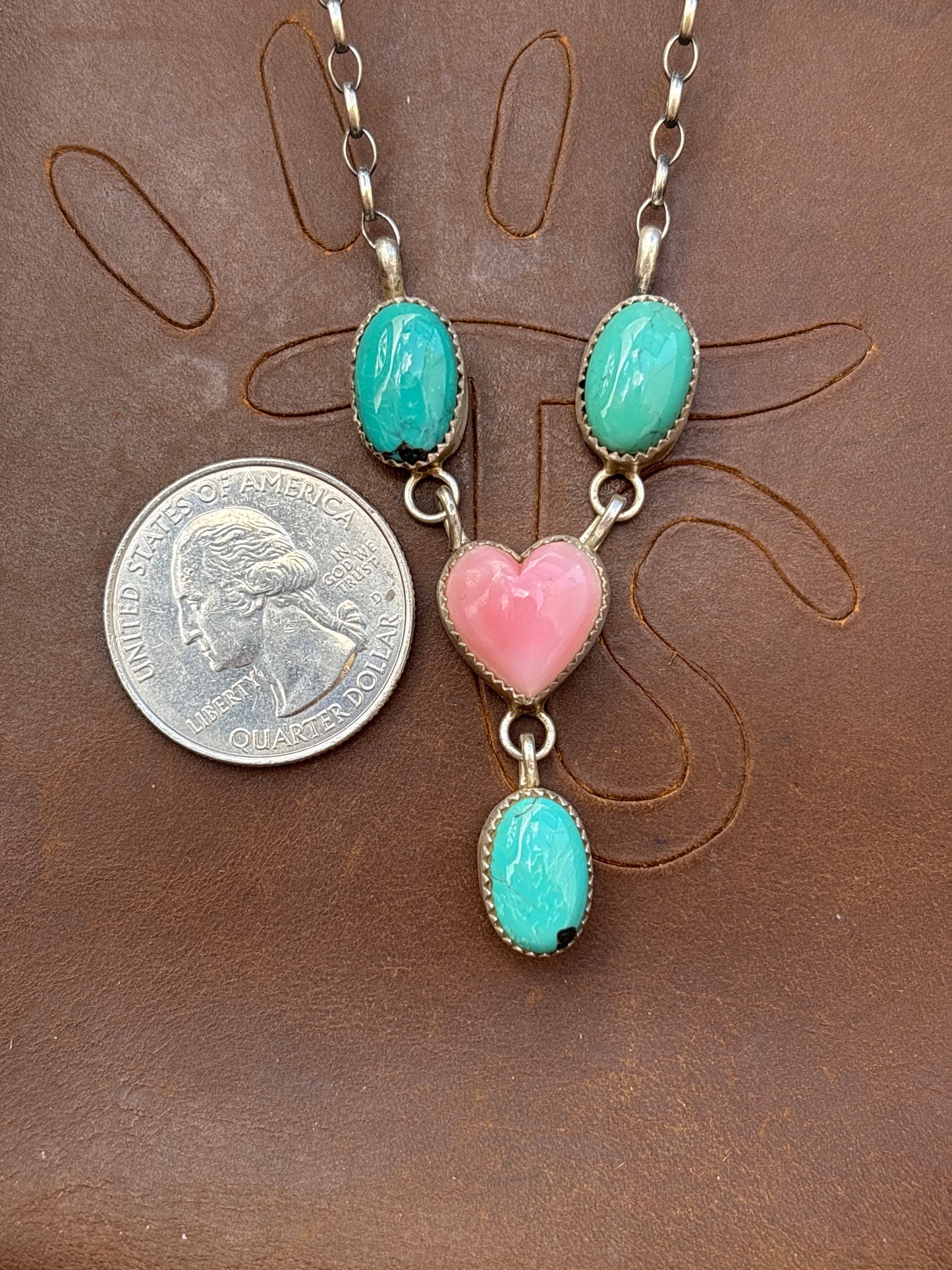 Native American, Hand-Made, Turquoise, Pink Conch, & Sterling Silver Lariat Necklace