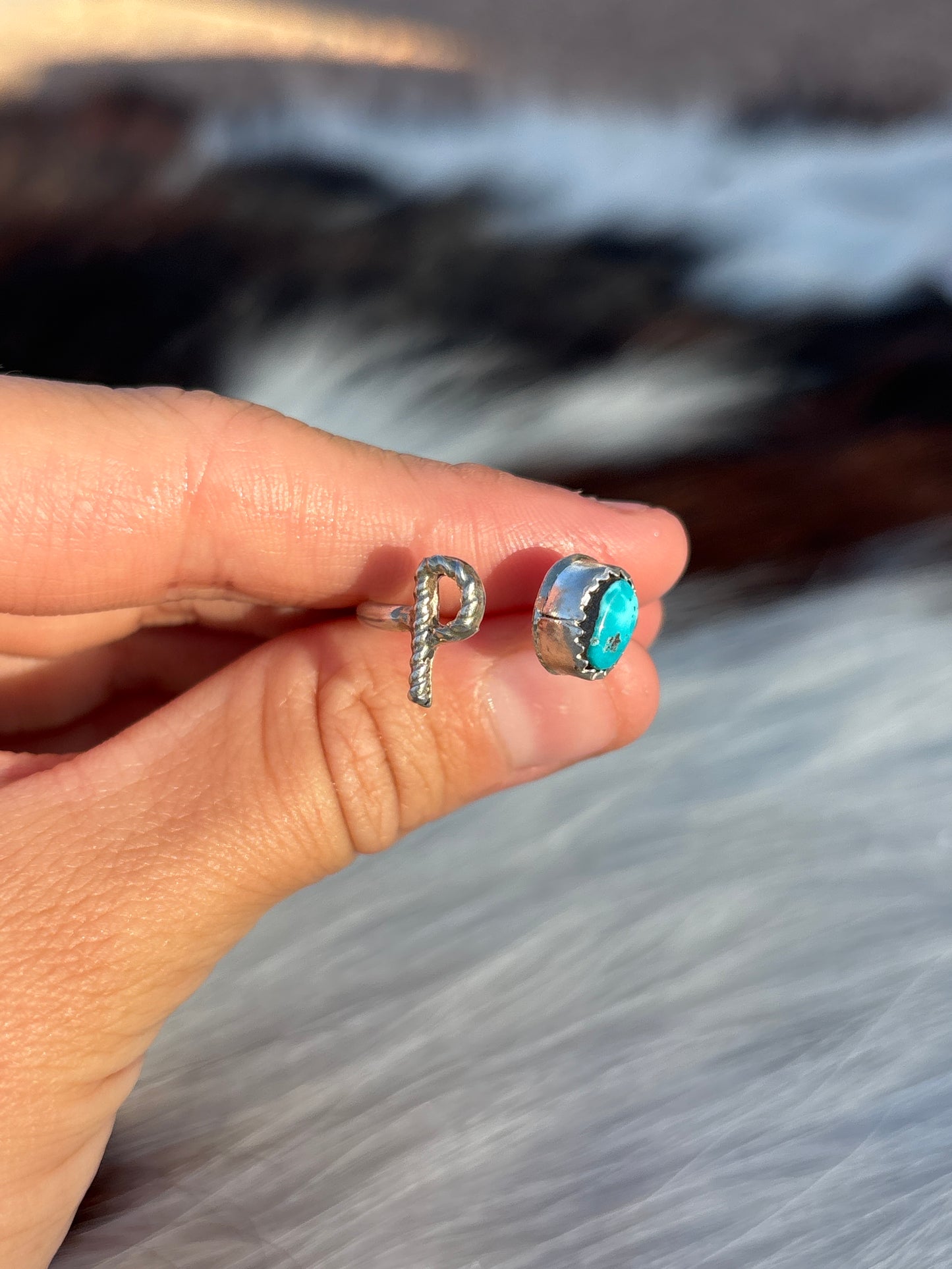 Native American, Hand-Made, Turquoise & Sterling Silver Adjustable Initial Ring