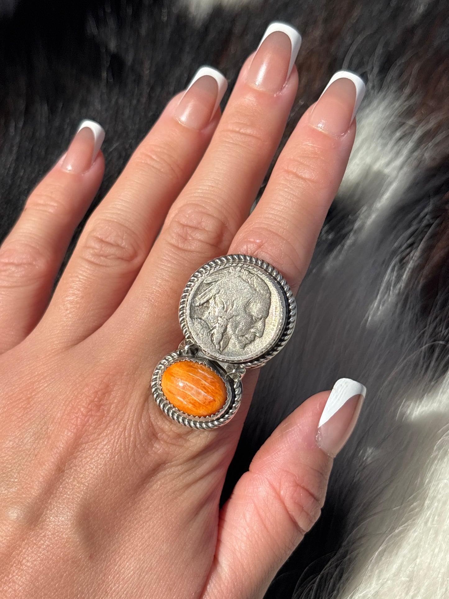 Native American, Hand-Made, Spiny Oyster, Buffalo Nickel & Sterling Silver Ring