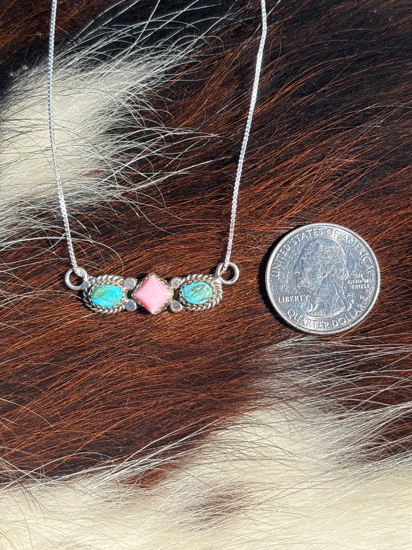 Native American, Hand-Made, Pink Conch, Turquoise & Sterling Silver Necklace