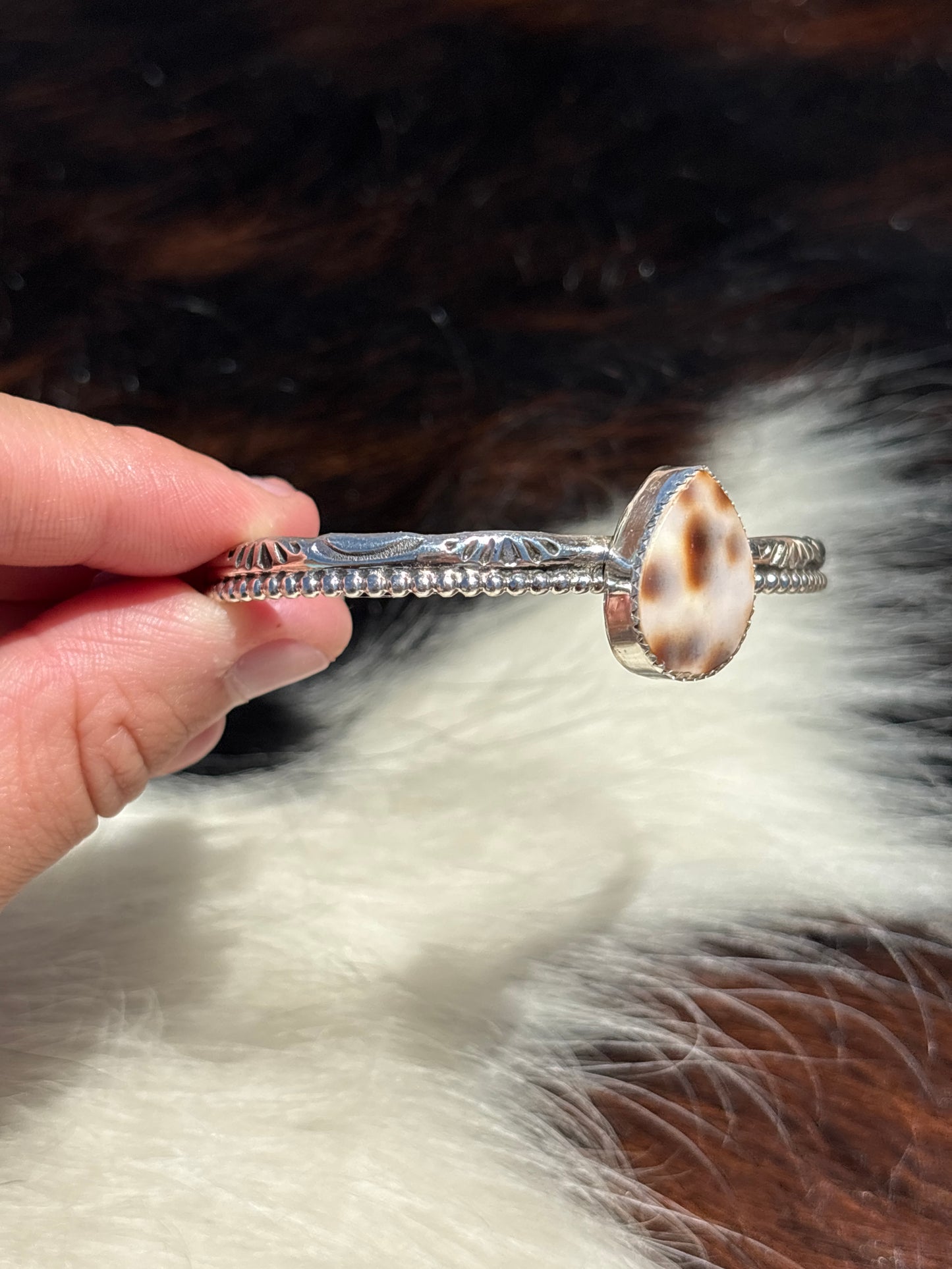 Native American, Handmade, Cowrie & Sterling Silver Cuff