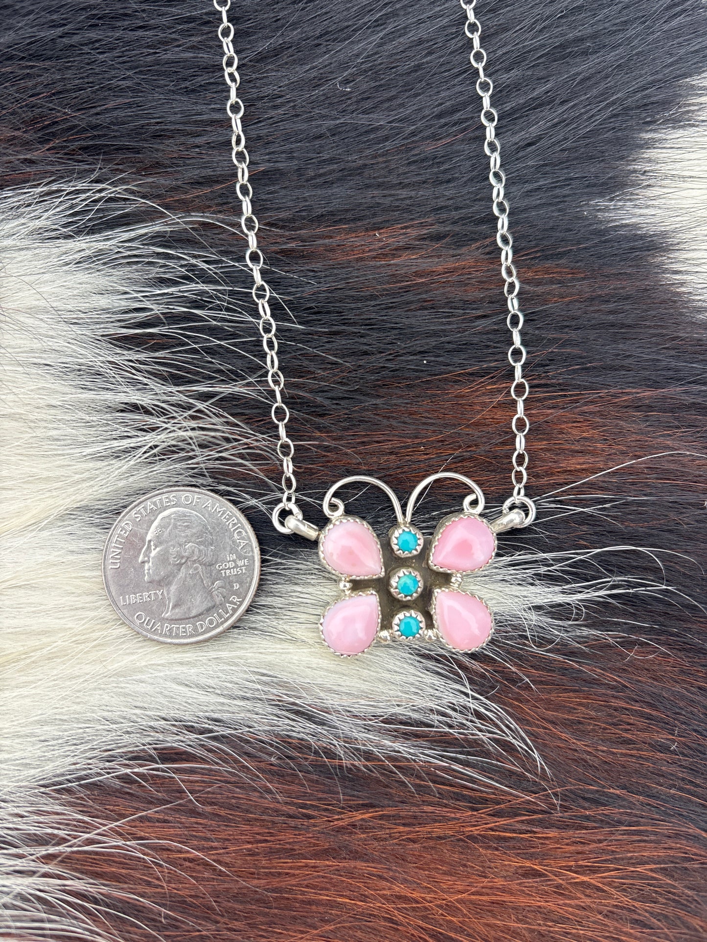 Native American, Hand-Made, Pink Conch, Turquoise & Sterling Silver Butterfly Necklace