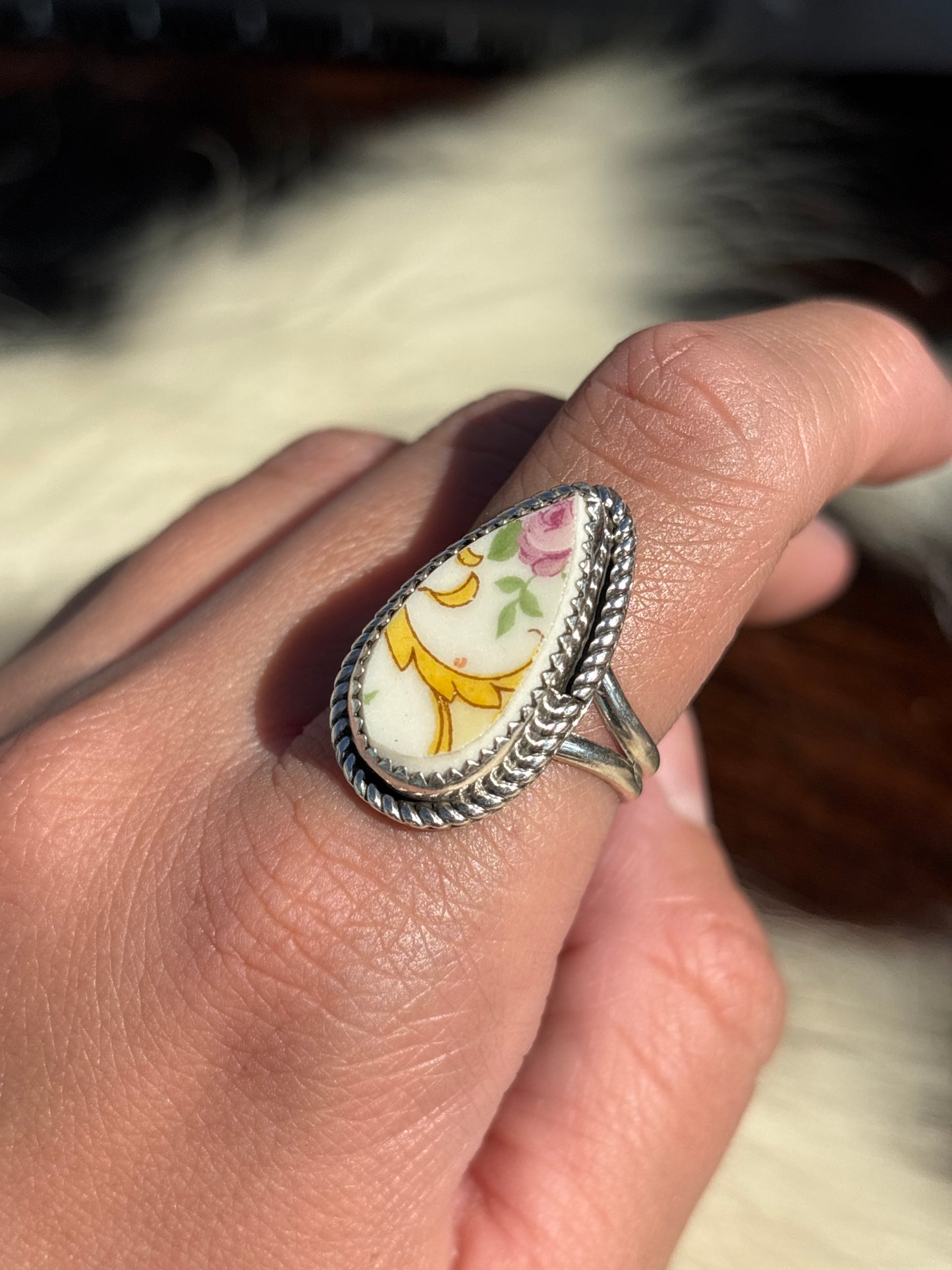 Native American, Hand-Made, Porcelain & Sterling Silver Ring
