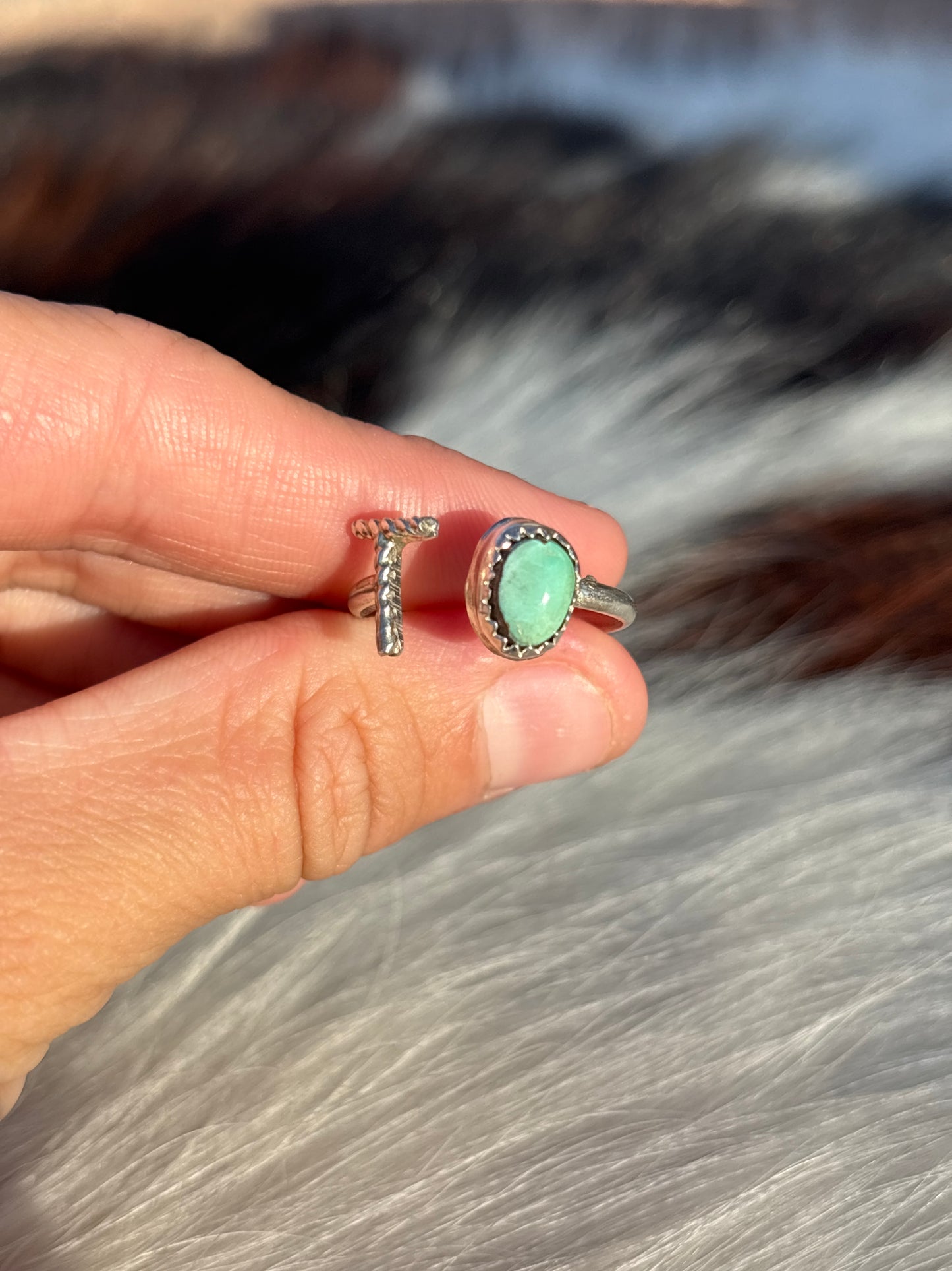 Native American, Hand-Made, Turquoise & Sterling Silver Adjustable Initial Ring