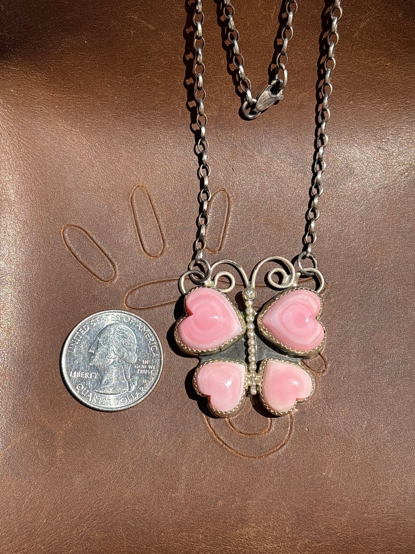 Native American, Hand-Made, Pink Conch & Sterling Silver Butterfly Necklace