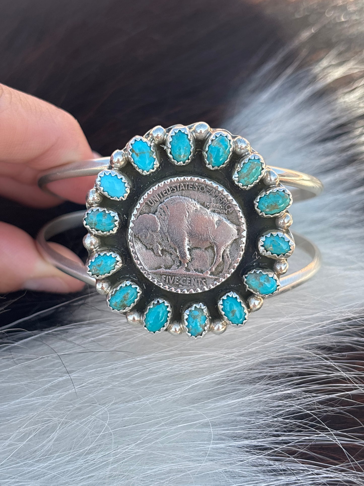 Native American, Handmade, Turquoise, Buffalo Nickel & Sterling Silver Cuff