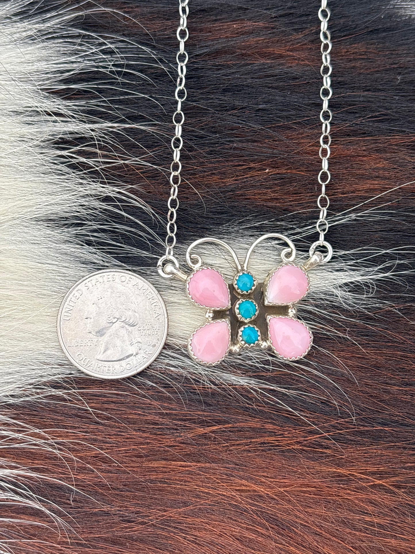 Native American, Hand-Made, Pink Conch, Turquoise & Sterling Silver Butterfly Necklace