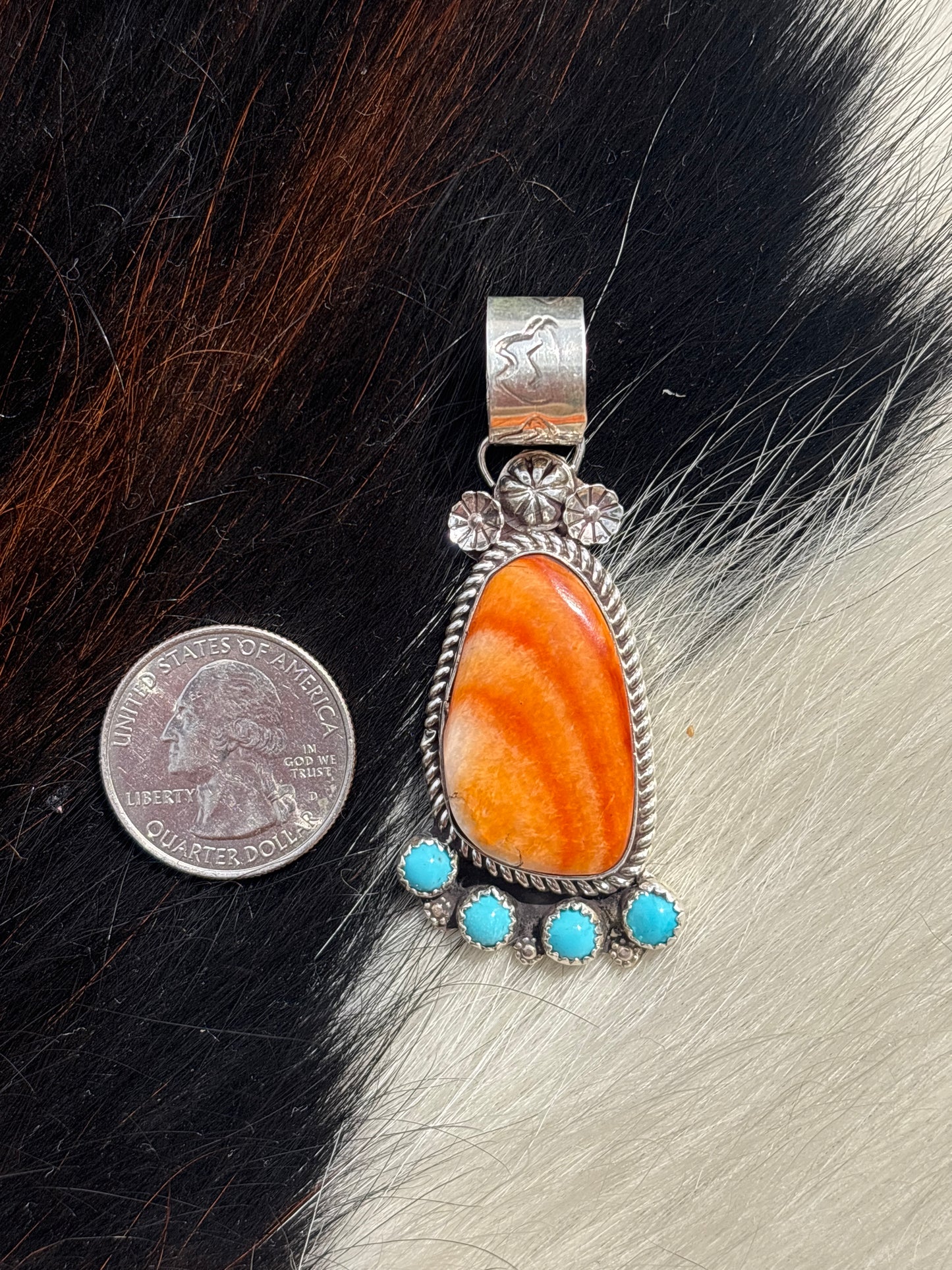 Native American, Hand-Made, Spiny Oyster, Turquoise & Sterling Silver Pendant