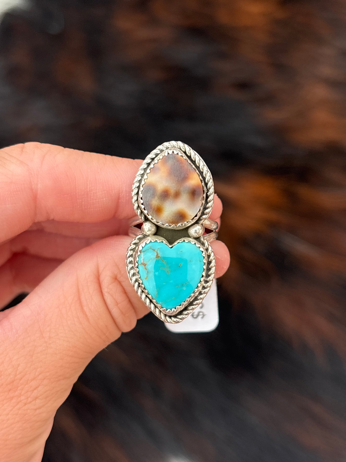 Native American, Hand-Made, Turquoise, Cowrie & Sterling Silver Ring