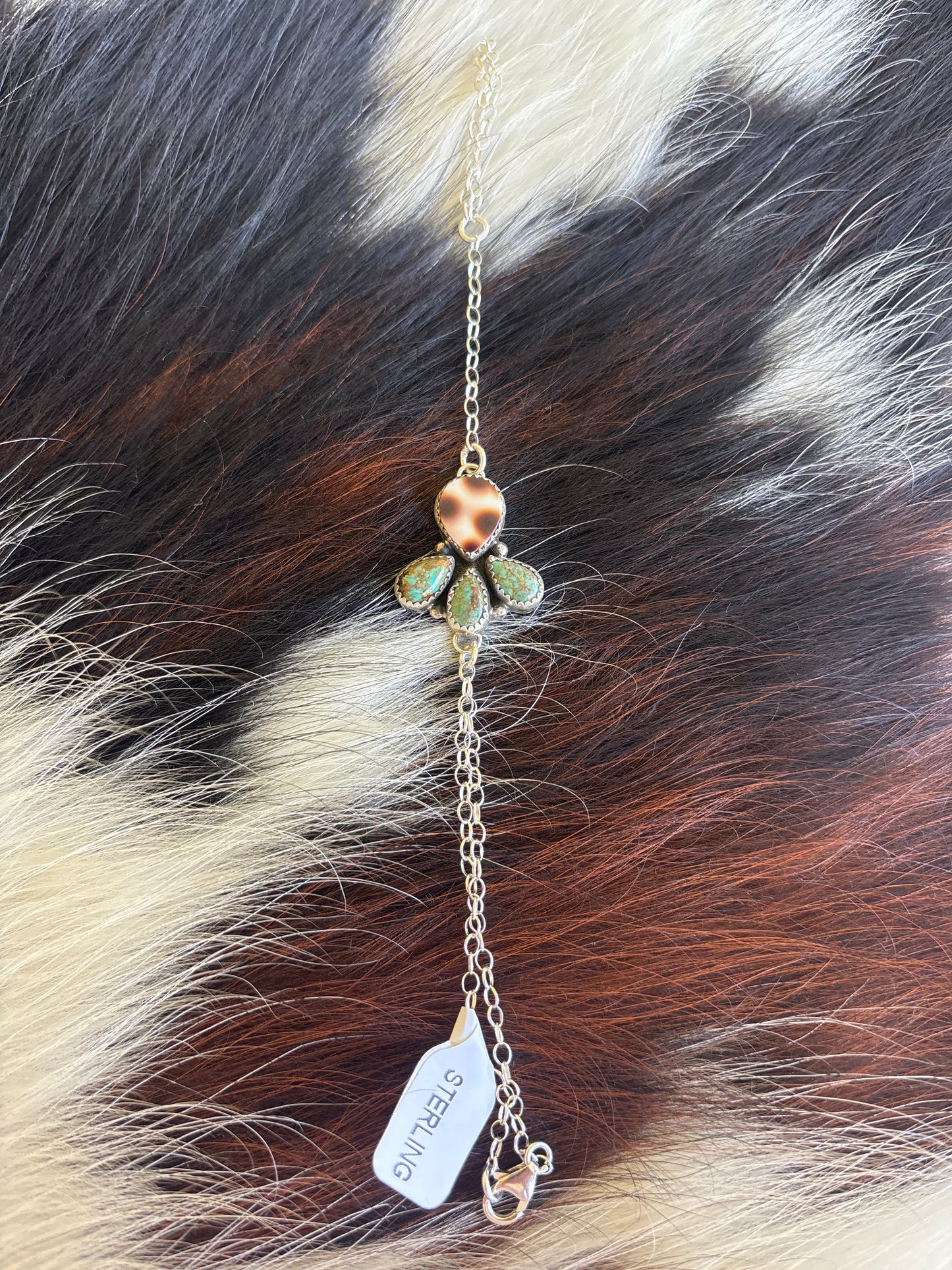 Native American, Handmade, Turquoise, Cowrie & Sterling Silver Hand Chain