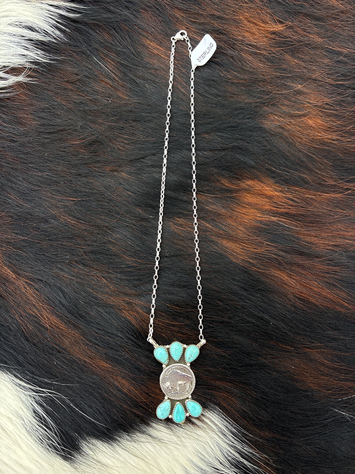 Native American, Hand-Made, Buffalo Nickel, Turquoise & Sterling Silver Necklace