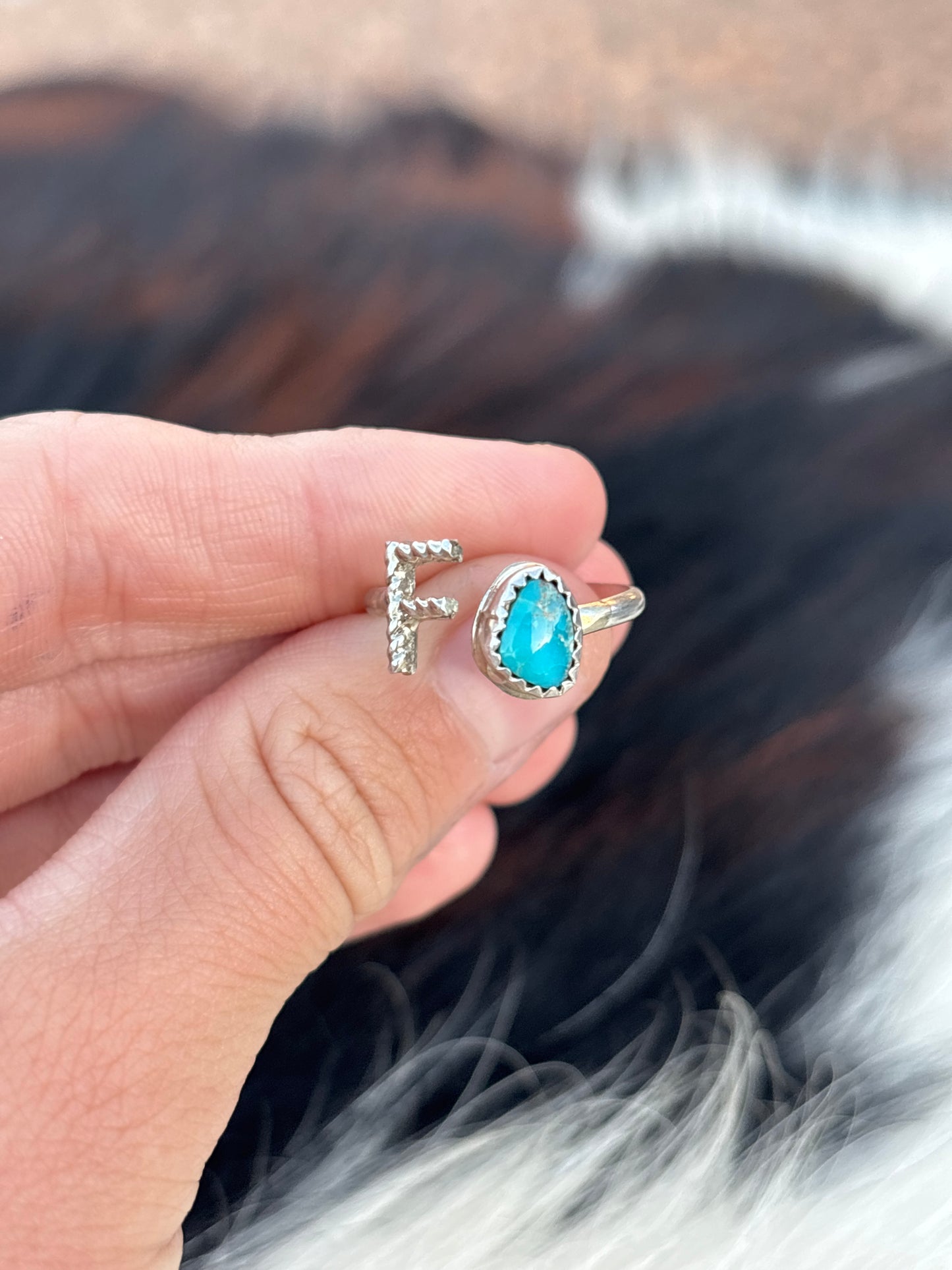 Native American, Hand-Made, Turquoise & Sterling Silver Adjustable Initial Ring