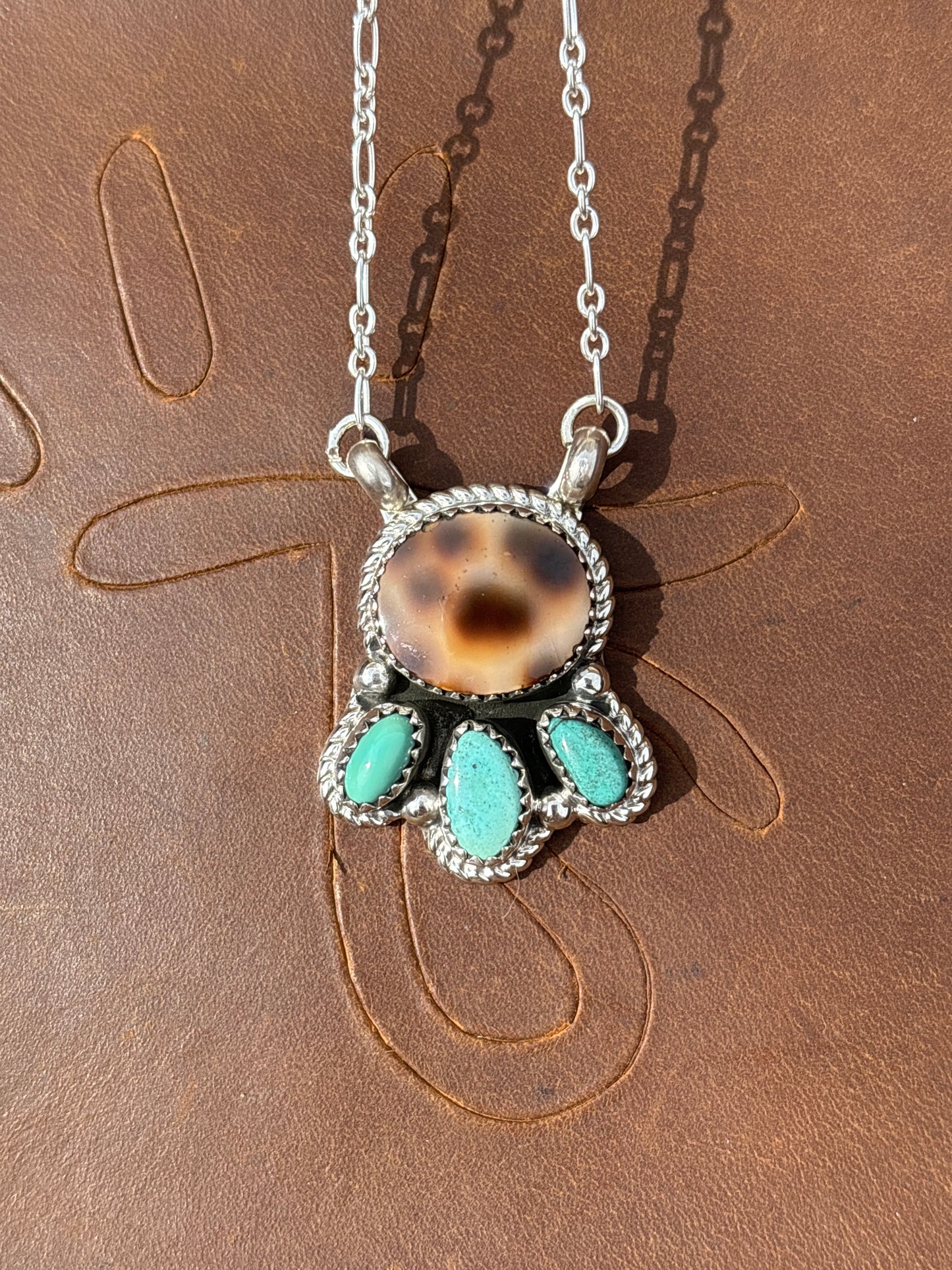 Native American, Hand-Made, Cowrie, Turquoise & Sterling Silver Necklace