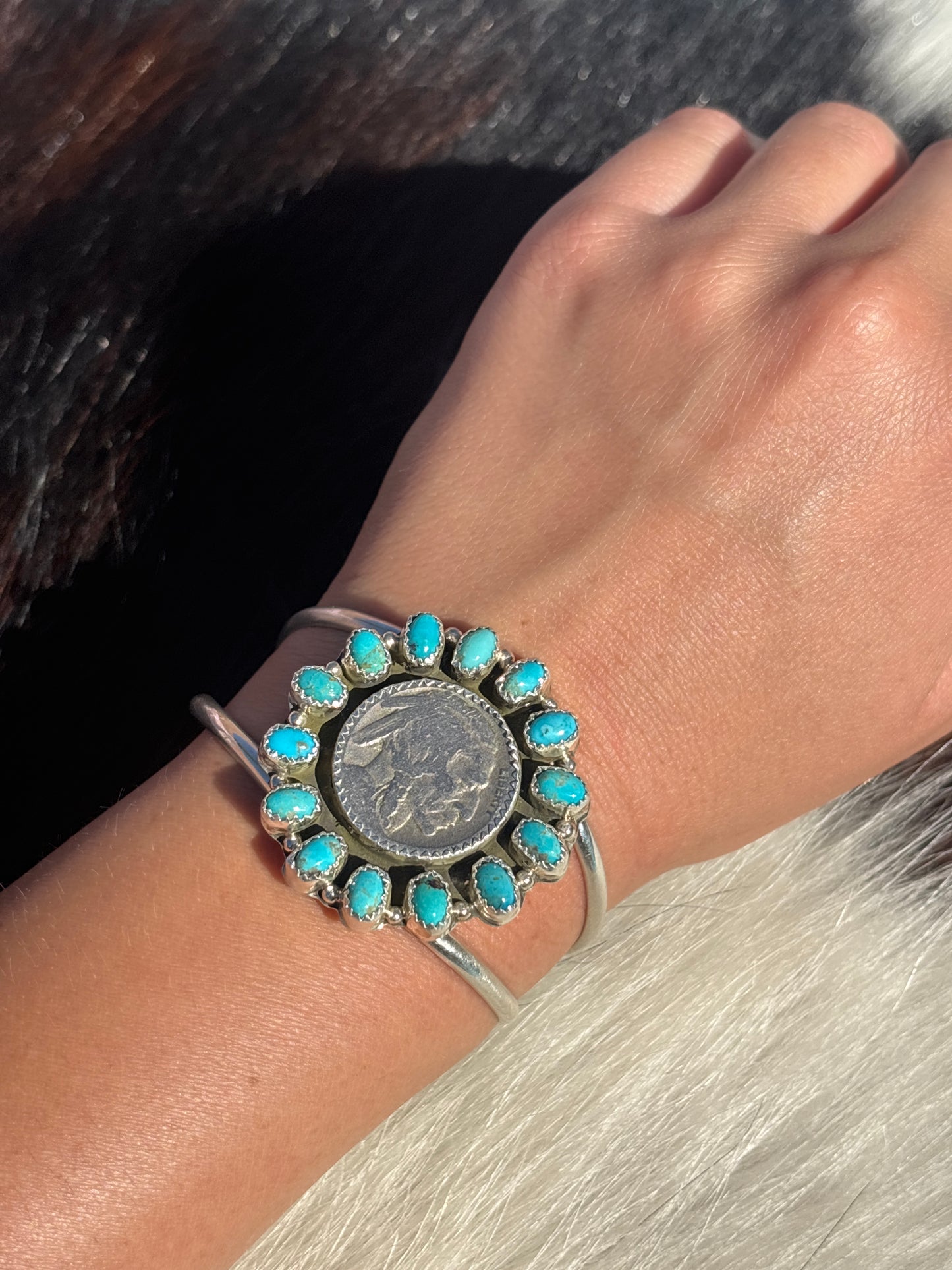 Native American, Handmade, Turquoise, Buffalo Nickel & Sterling Silver Cuff