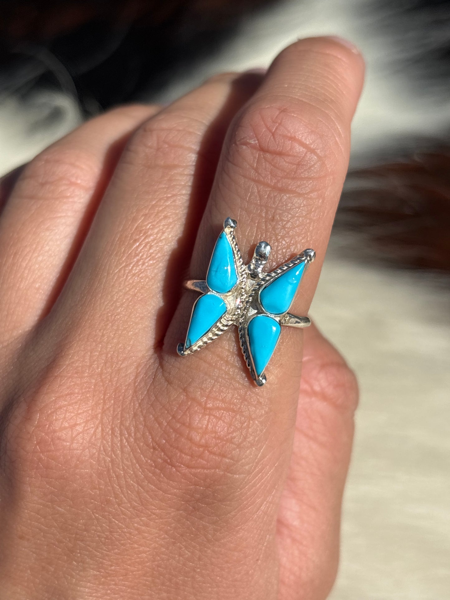Native American, Hand-Made, Turquoise & Sterling Silver Butterfly Ring