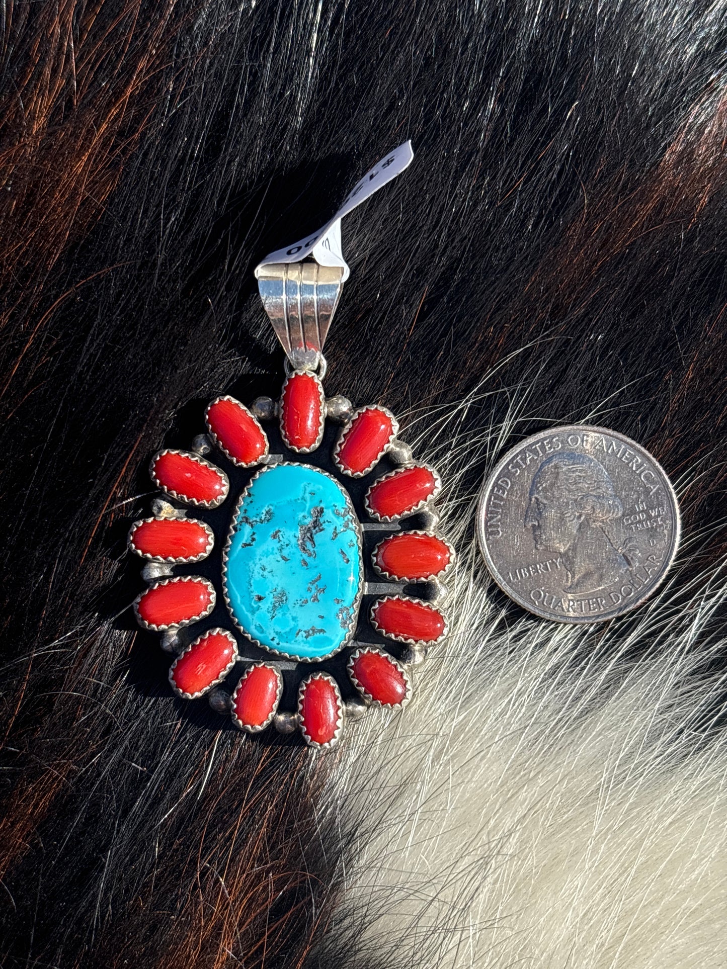 Native American, Hand-Made, Turquoise, Coral & Sterling Silver Pendant