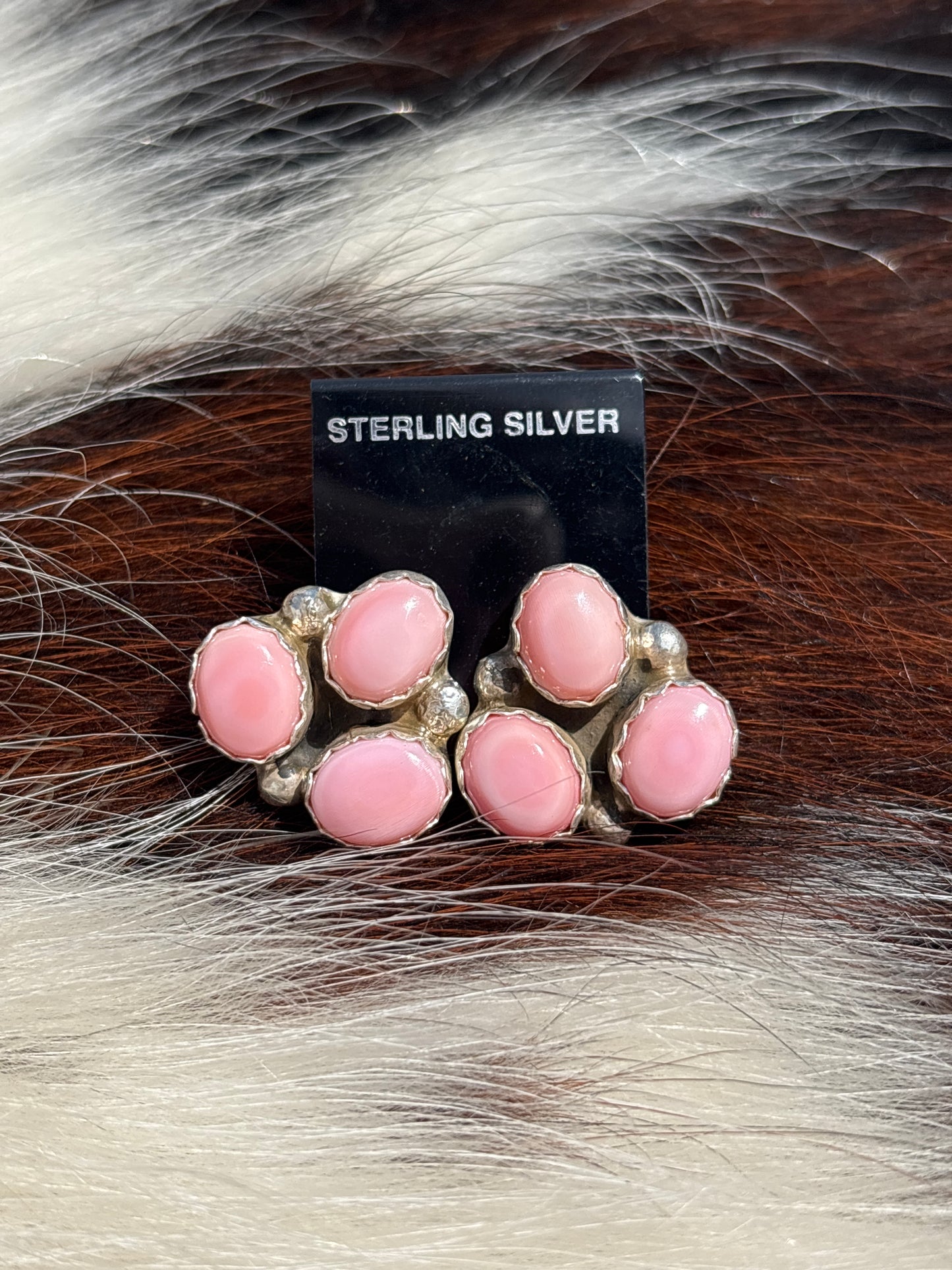 Native Made, Pink Conch & Sterling Silver Cluster Earrings