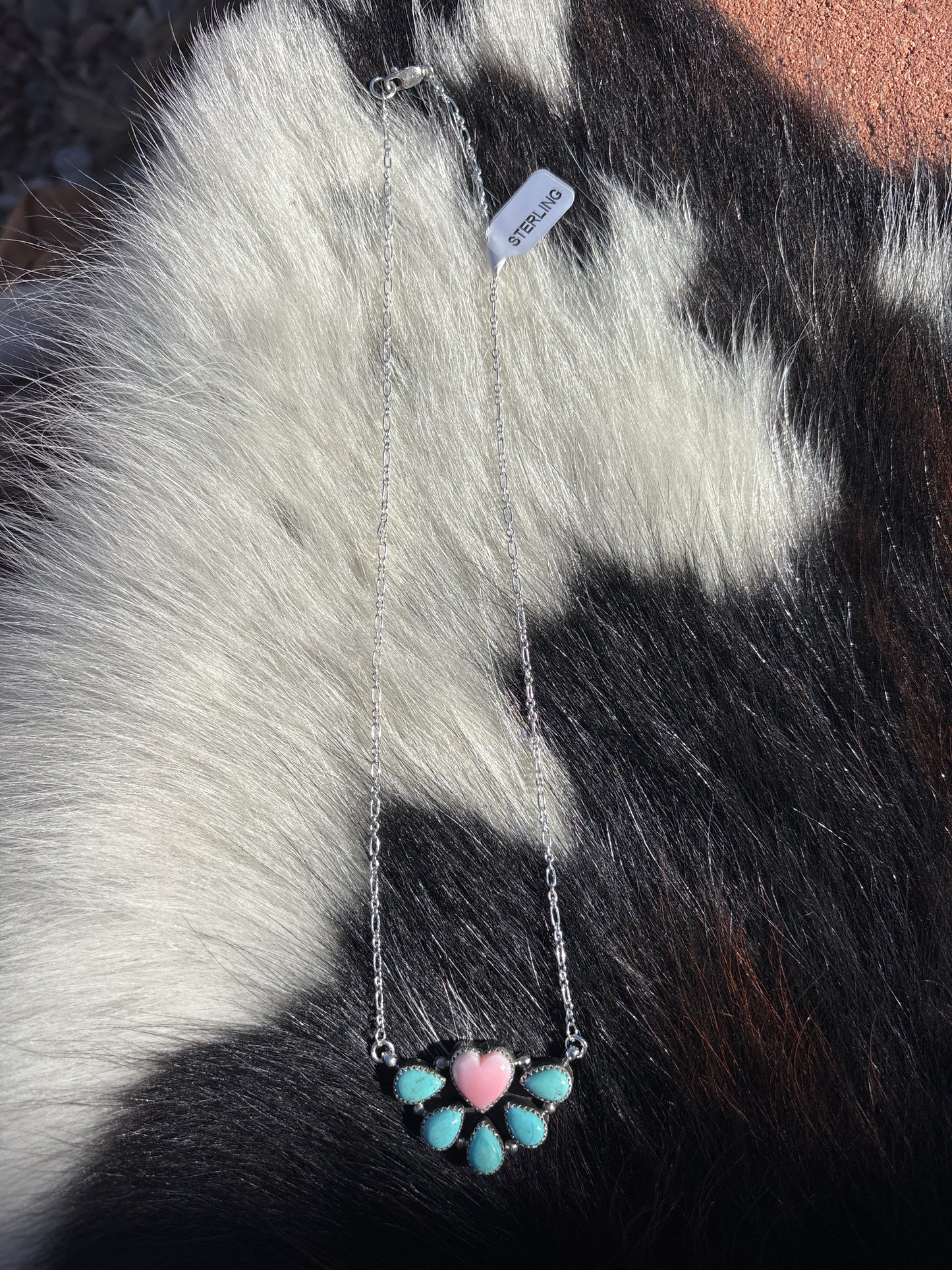 Native American, Hand-Made, Pink Conch, Turquoise & Sterling Silver Necklace