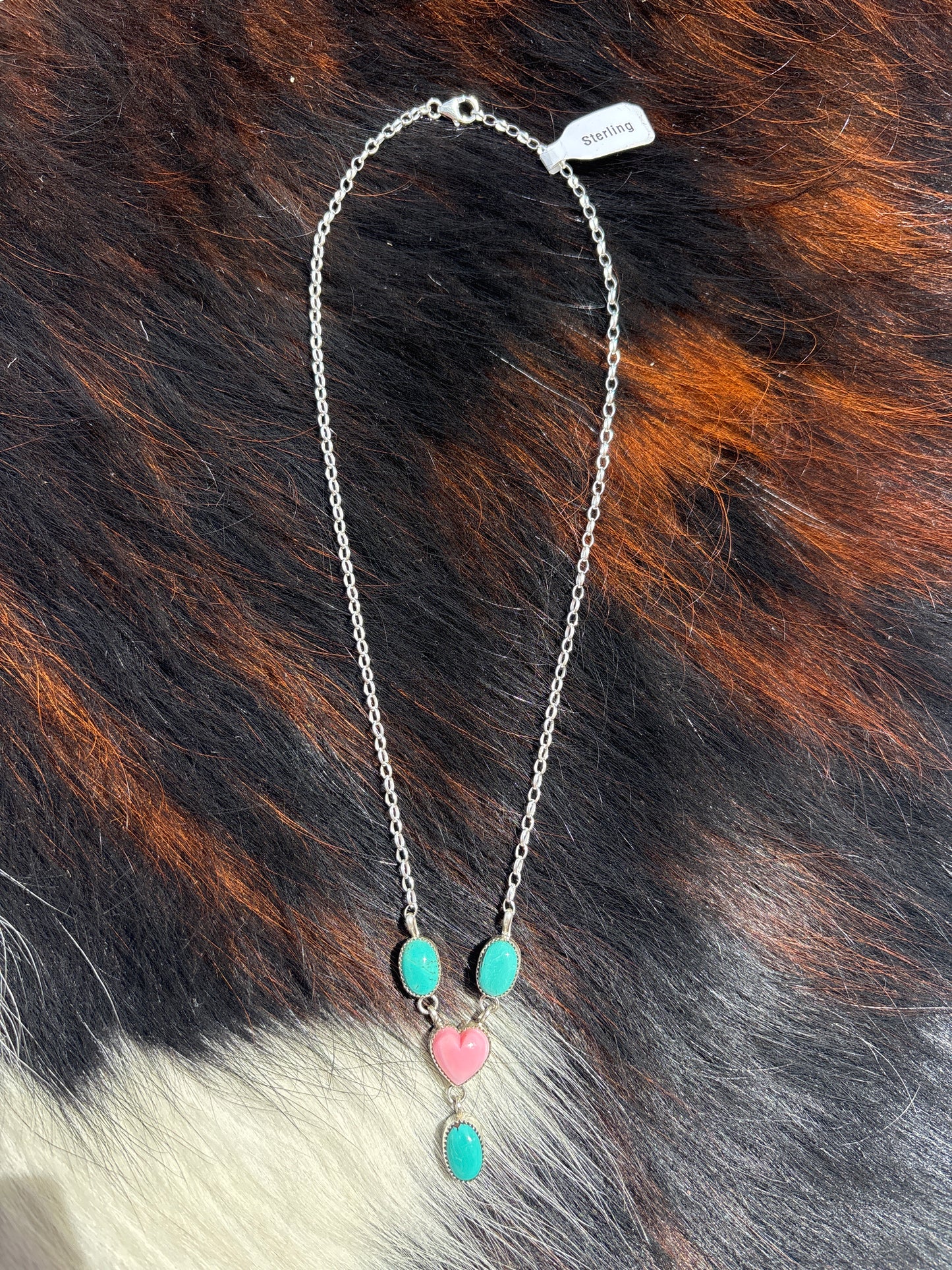 Native American, Hand-Made, Turquoise, Pink Conch, & Sterling Silver Lariat Necklace