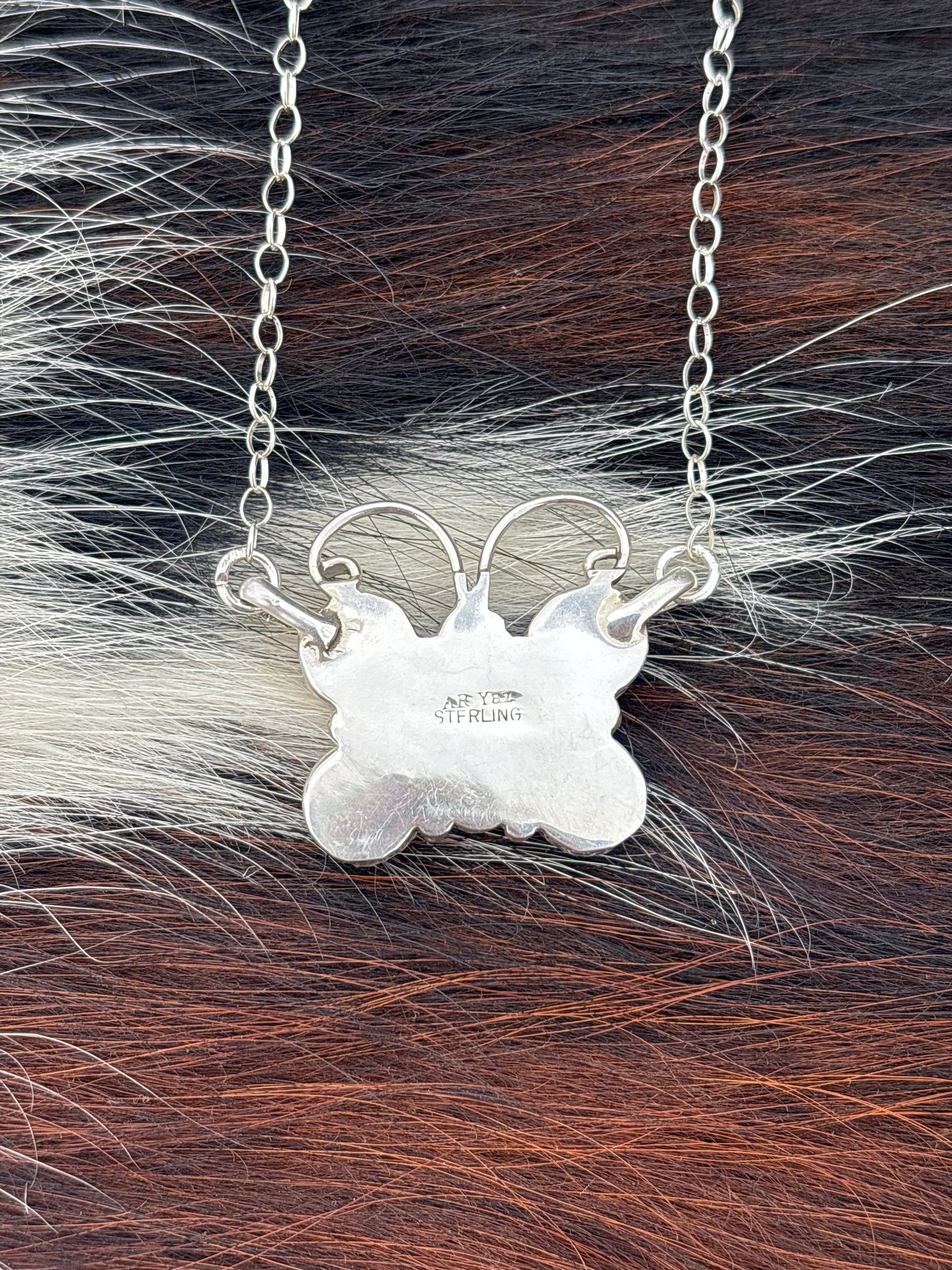 Native American, Hand-Made, Pink Conch, Turquoise & Sterling Silver Butterfly Necklace