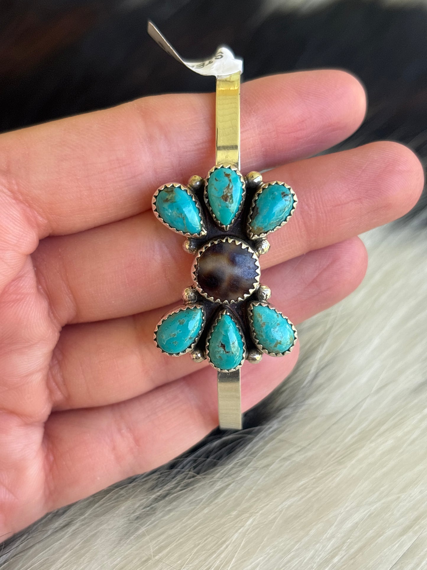 Native American, Handmade, Cowrie, Turquoise & Sterling Silver Cuff