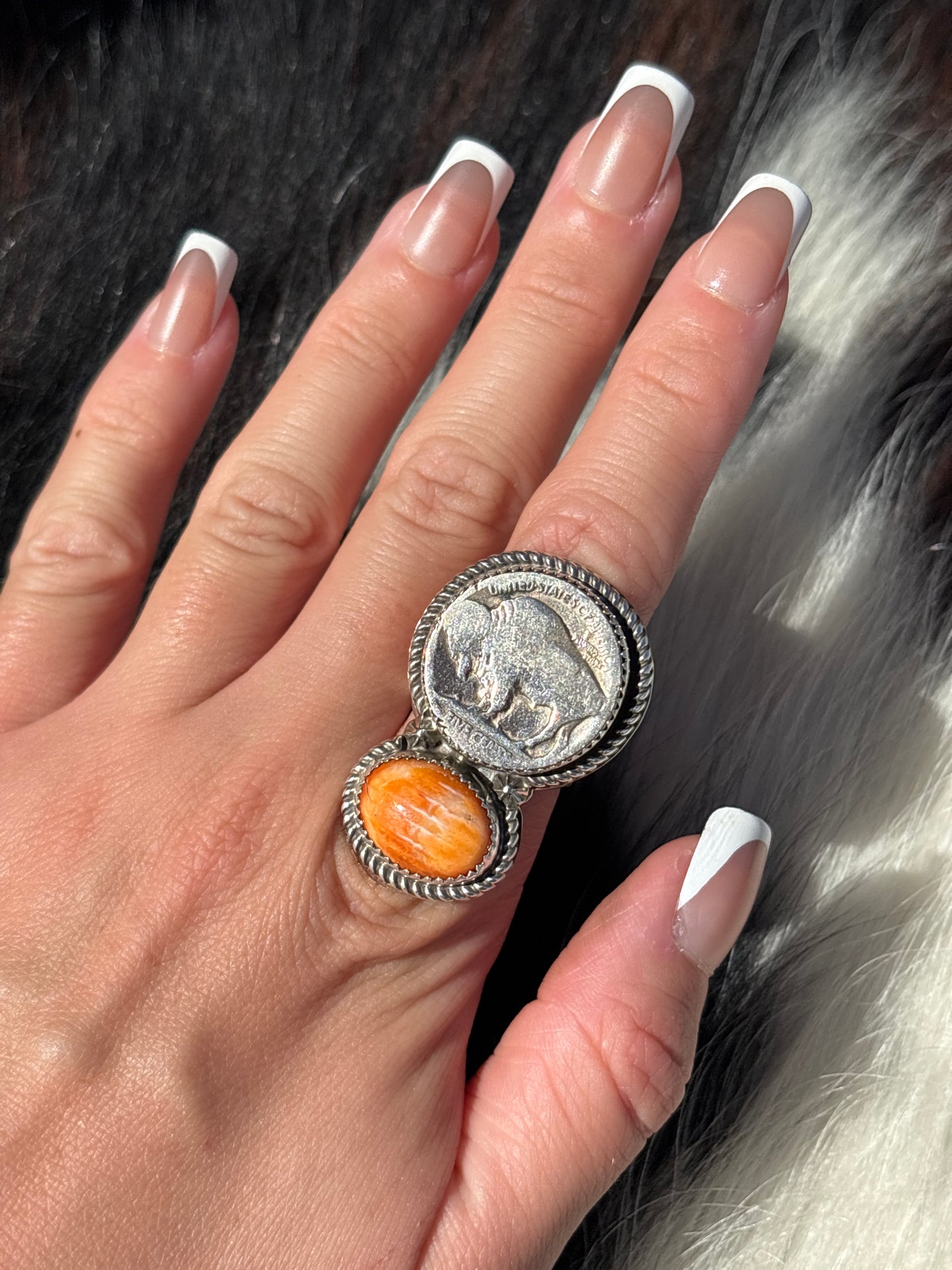 Native American, Hand-Made, Spiny Oyster, Buffalo Nickel & Sterling Silver Ring
