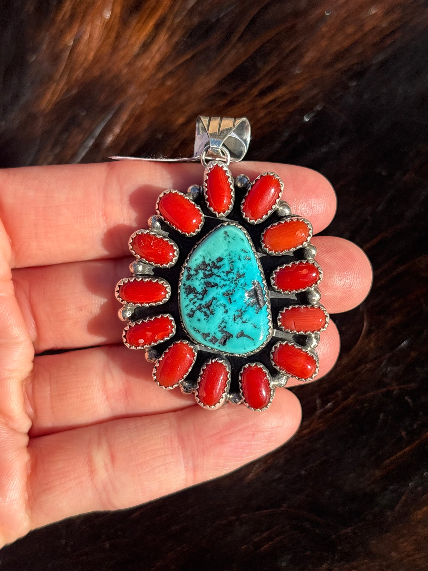 Native American, Hand-Made, Turquoise, Coral & Sterling Silver Pendant