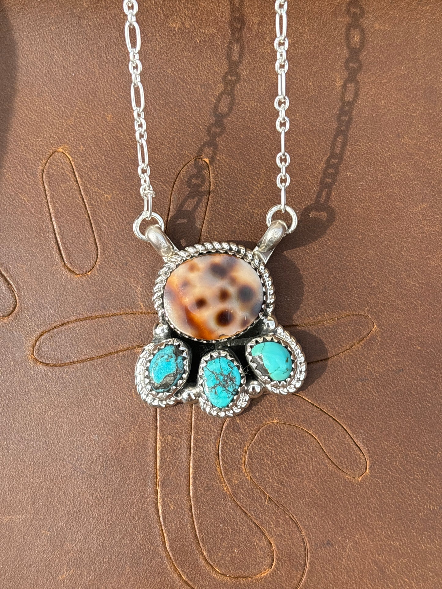 Native American, Hand-Made, Cowrie, Turquoise & Sterling Silver Necklace