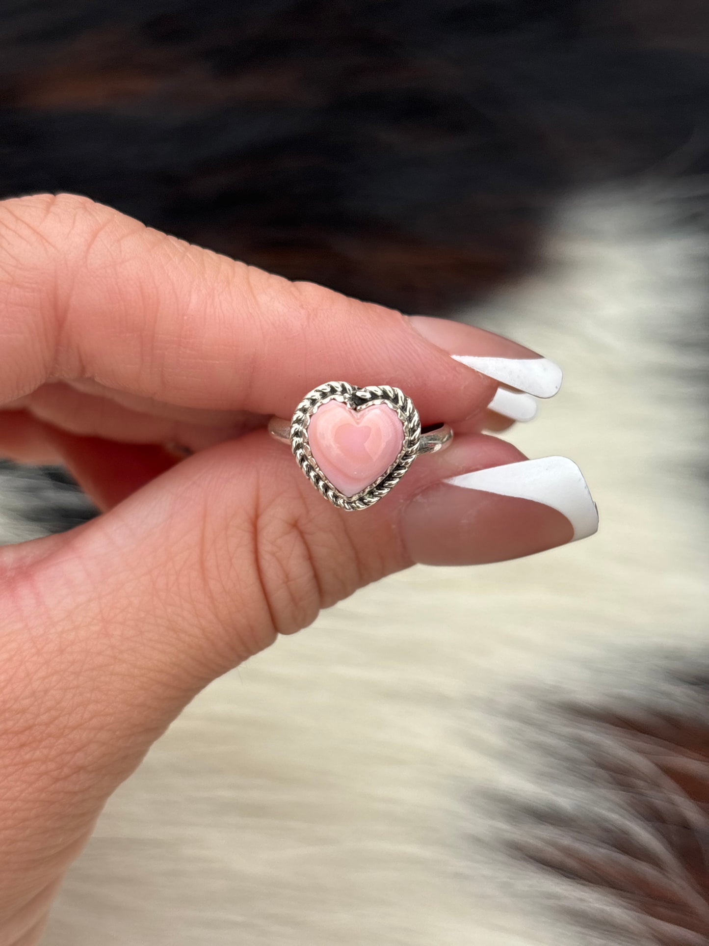 Native American, Hand-Made, Pink Conch & Sterling Silver Heart Ring