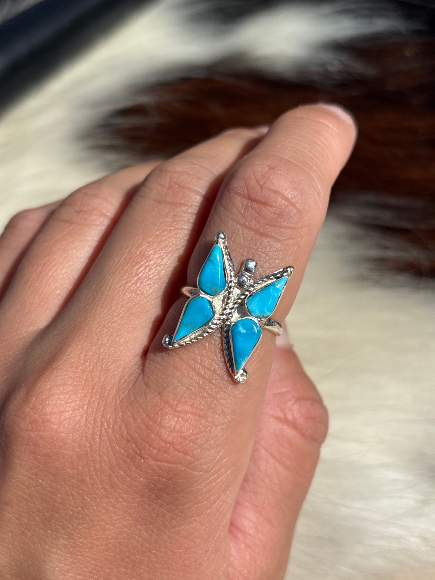Native American, Hand-Made, Turquoise & Sterling Silver Butterfly Ring