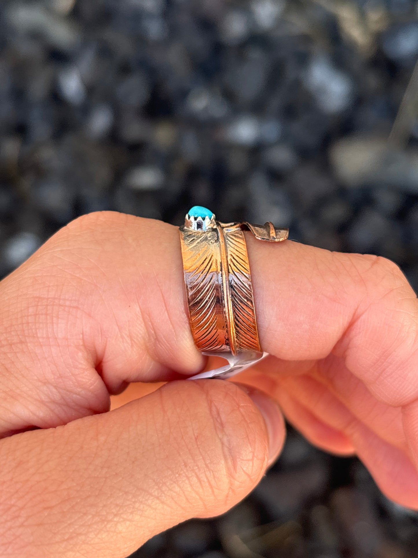 Native American, Hand-Made, Turquoise & Copper Feather Adjustable Ring
