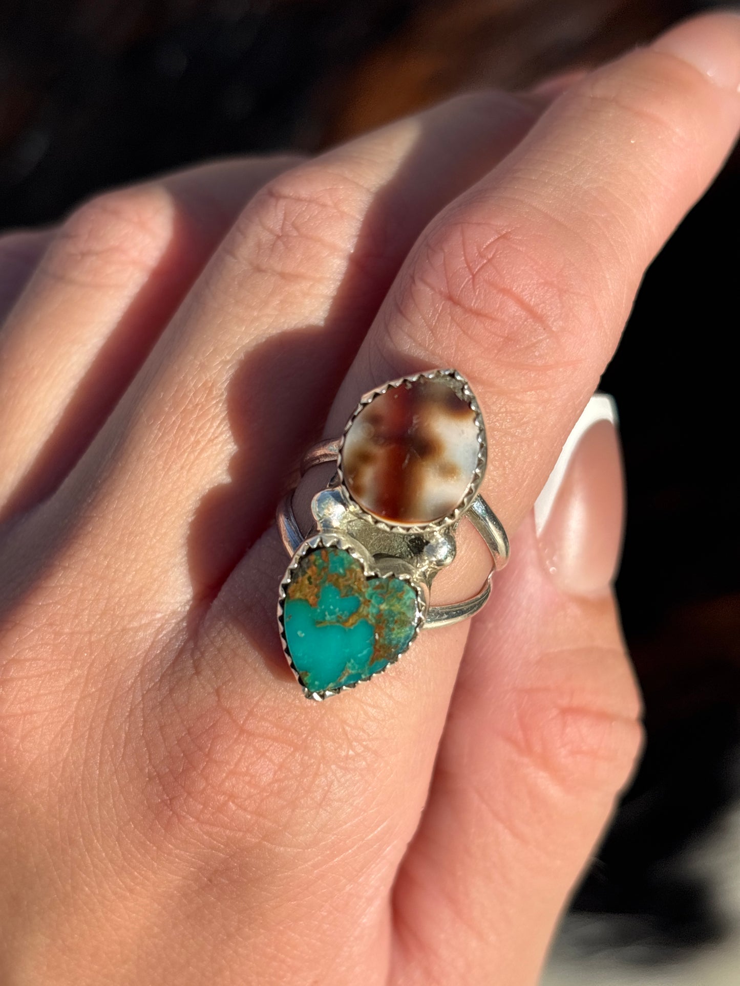 Native American, Hand-Made, Turquoise, Cowrie & Sterling Silver Ring