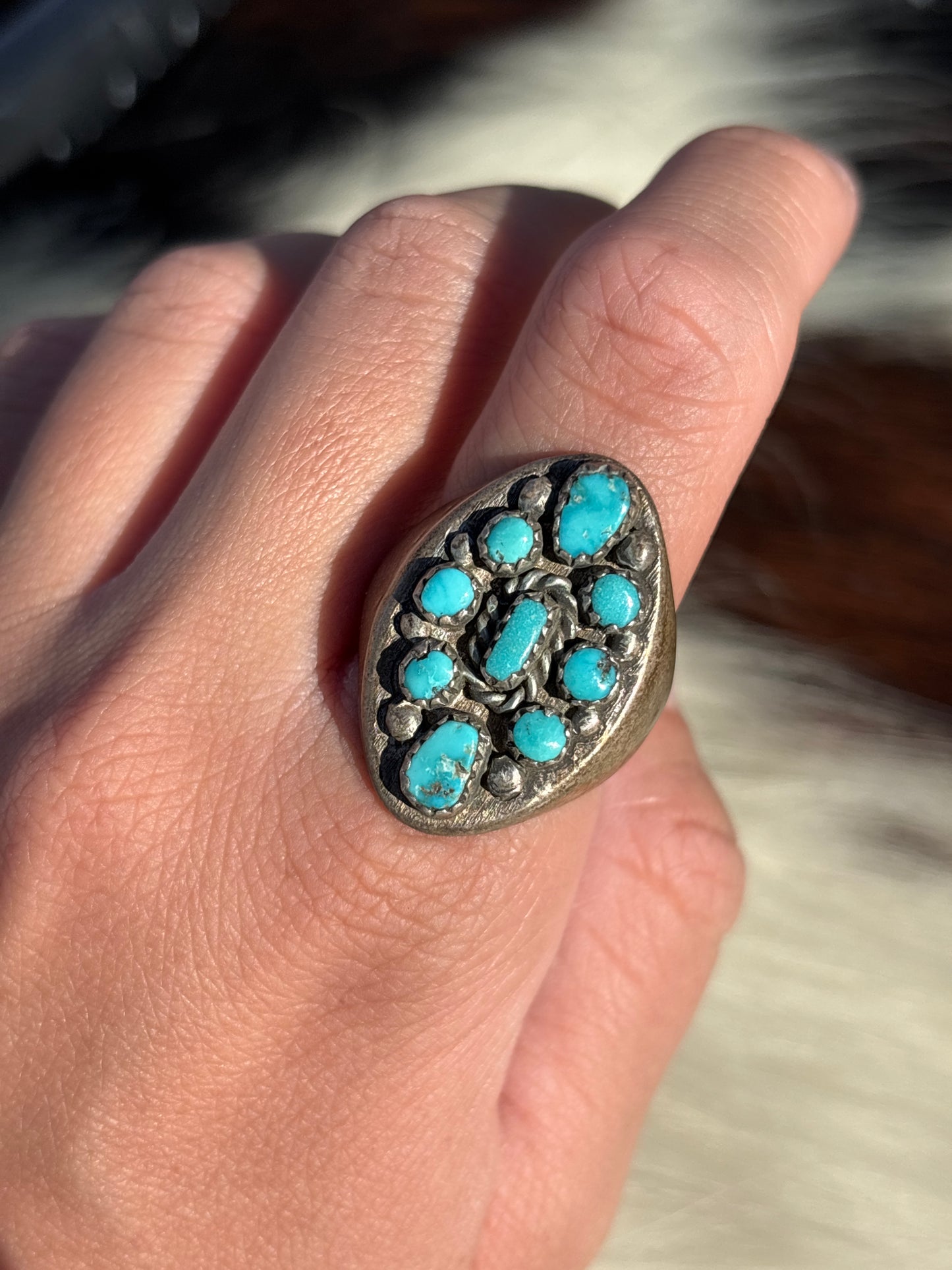 Mens Vintage Native American, Hand-Made, Turquoise & Sterling Silver Ring