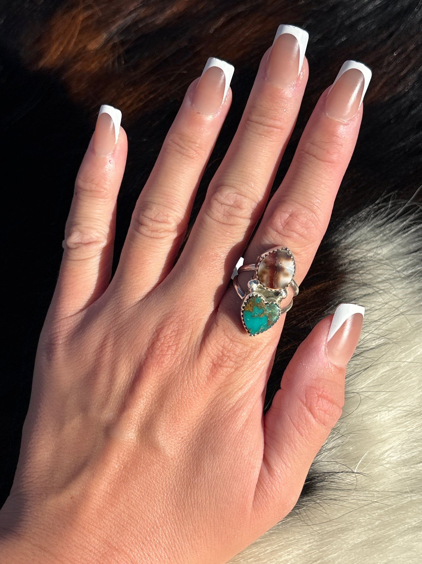 Native American, Hand-Made, Turquoise, Cowrie & Sterling Silver  Ring