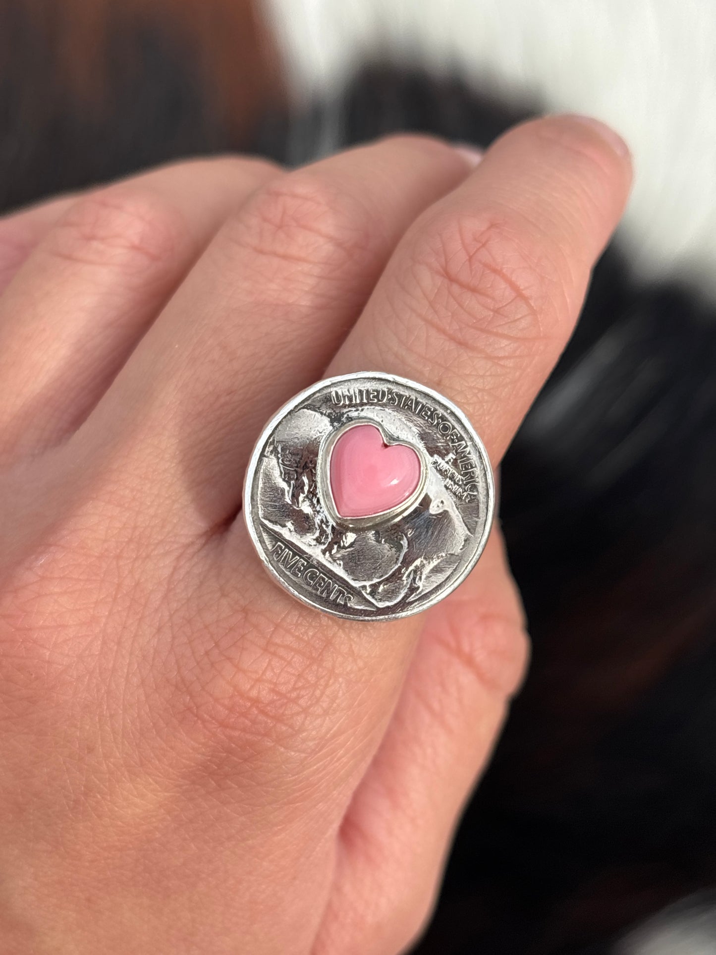 Native American, Hand-Made, Pink Conch, Buffalo Nickel & Sterling Silver Ring