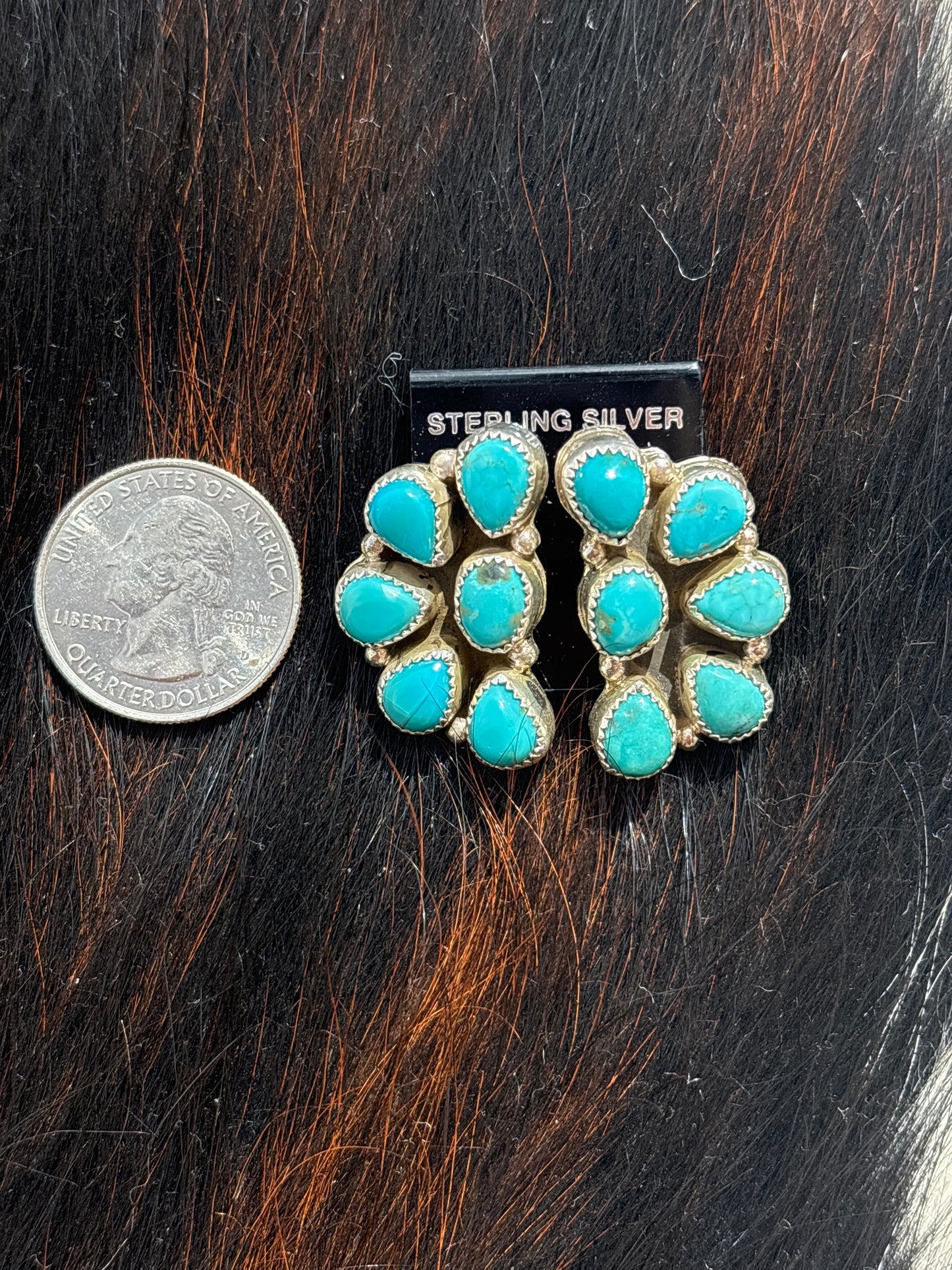 Native Made, Turquoise & Sterling Silver Cluster Earrings