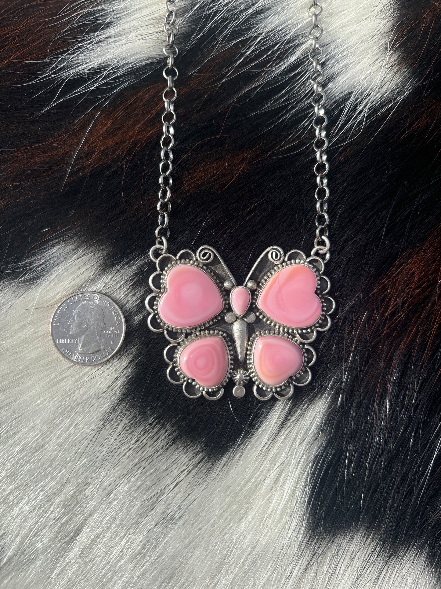 Native American, Hand-Made, Pink Conch & Sterling Silver Butterfly Necklace