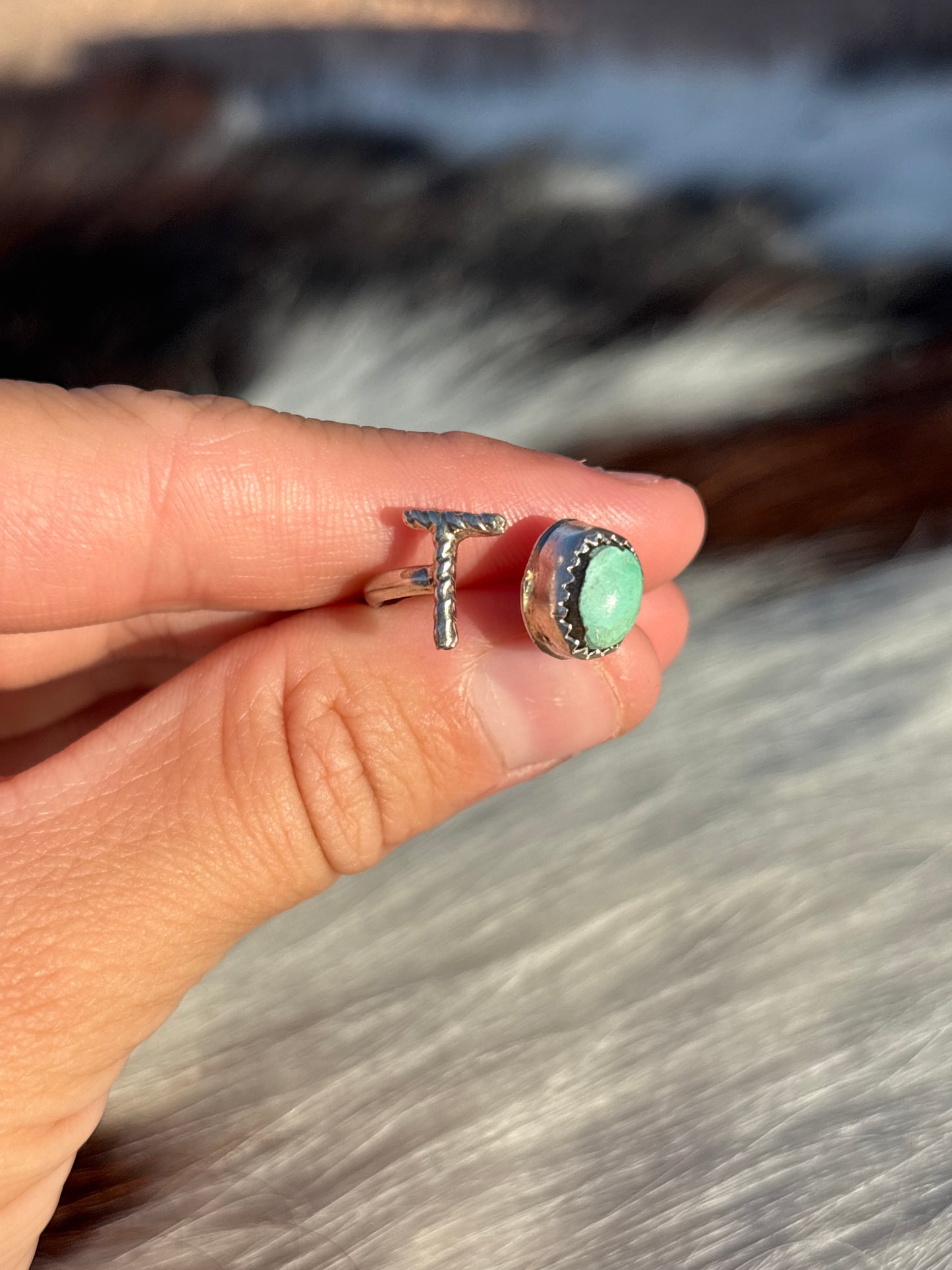 Native American, Hand-Made, Turquoise & Sterling Silver Adjustable Initial Ring