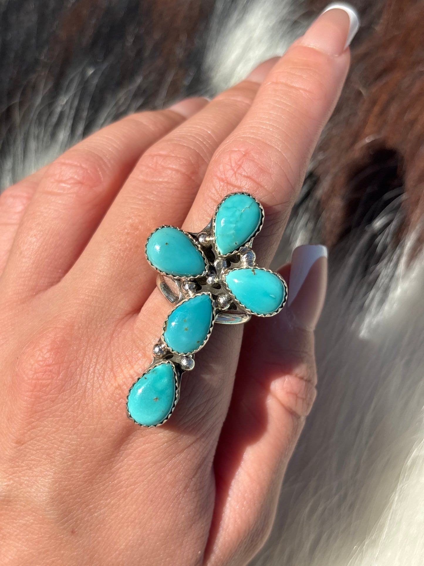 Native American, Hand-Made, Turquoise & Sterling Silver Cross Ring