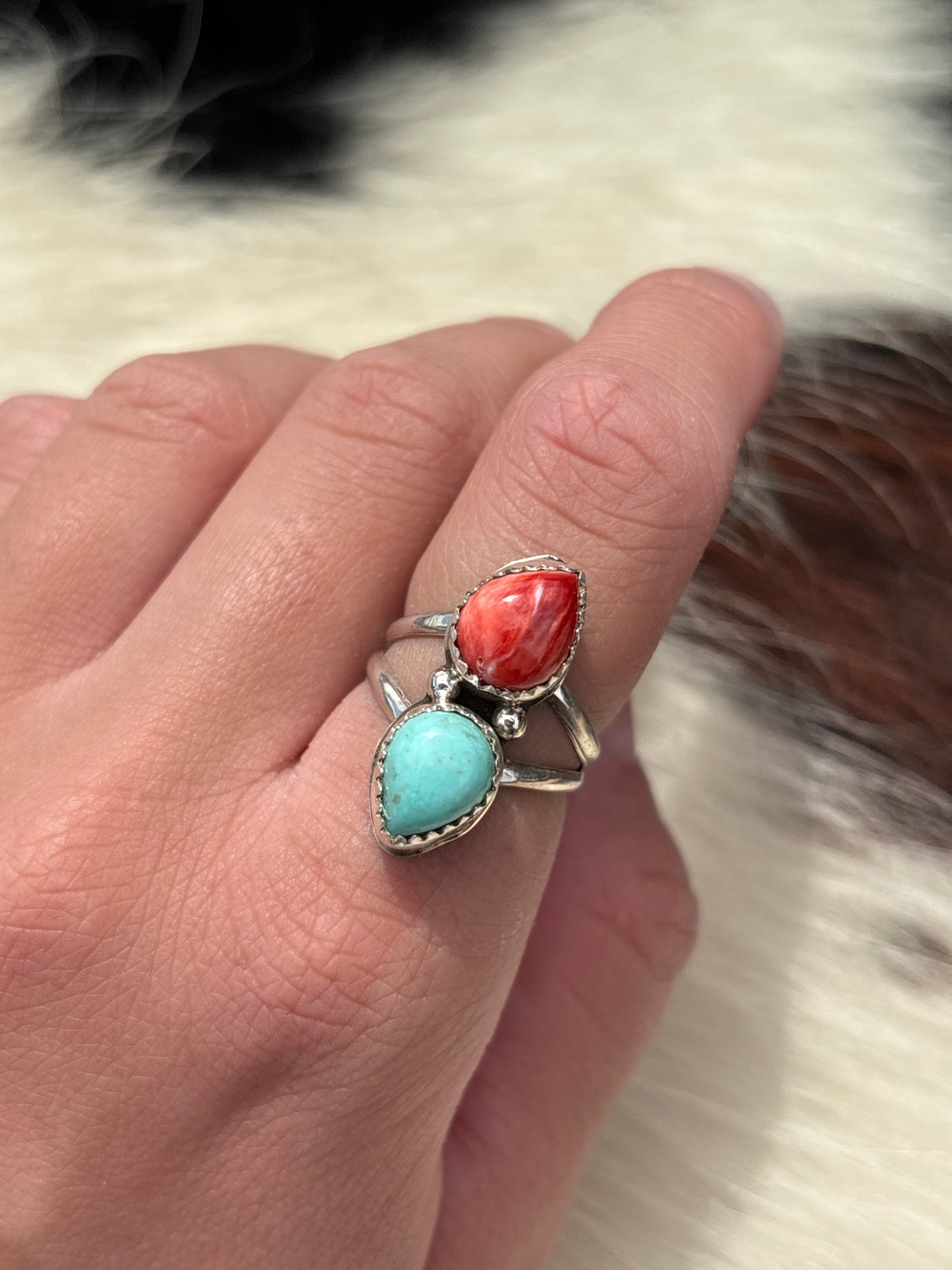 Native American, Hand-Made, Turquoise, Spiny Oyster & Sterling Silver Ring