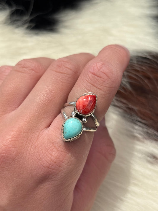 Native American, Hand-Made, Turquoise, Spiny Oyster & Sterling Silver Ring