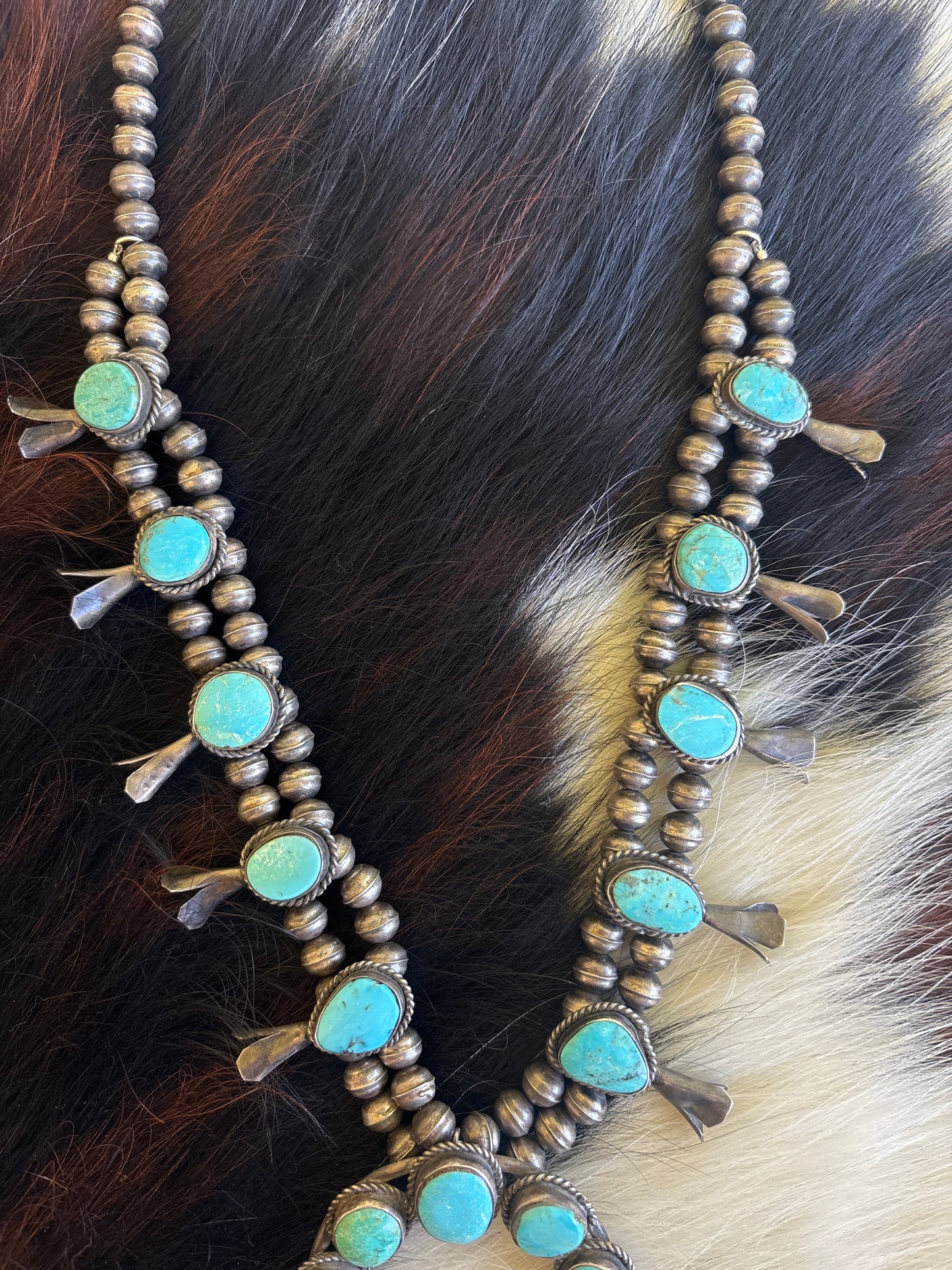 Native American, Handmade, Vintage Turquoise Squash Blossom Necklace