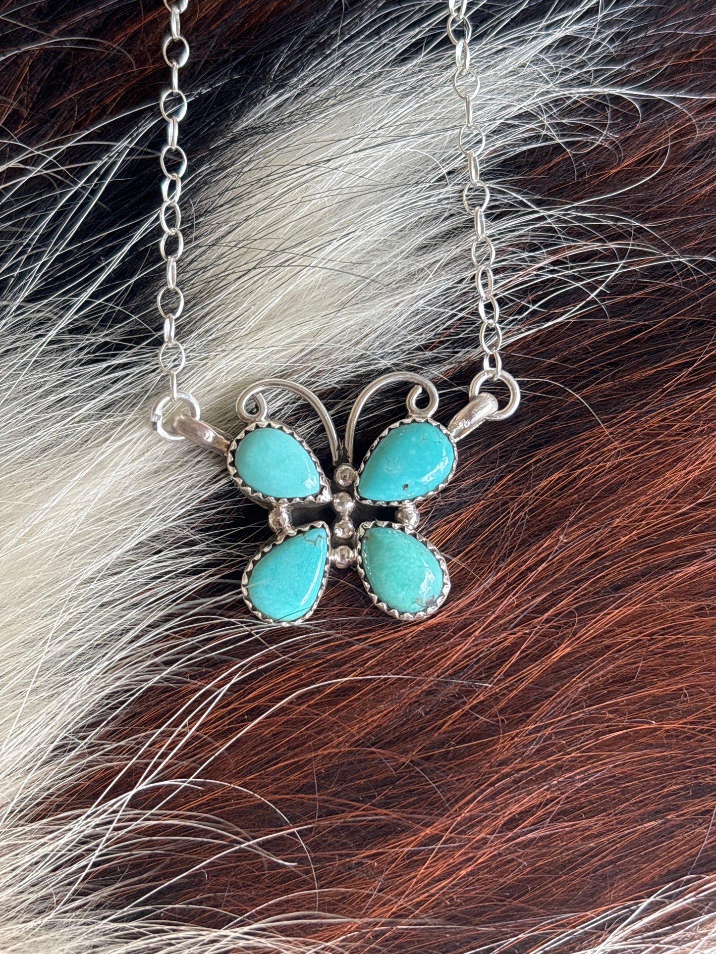 Native American, Hand-Made, Turquoise & Sterling Silver Butterfly Necklace
